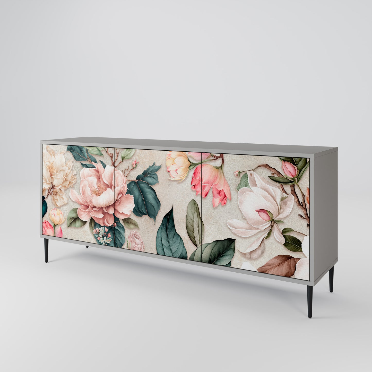 FLORAL GRACE 3-Door Sideboard in Grey Finish