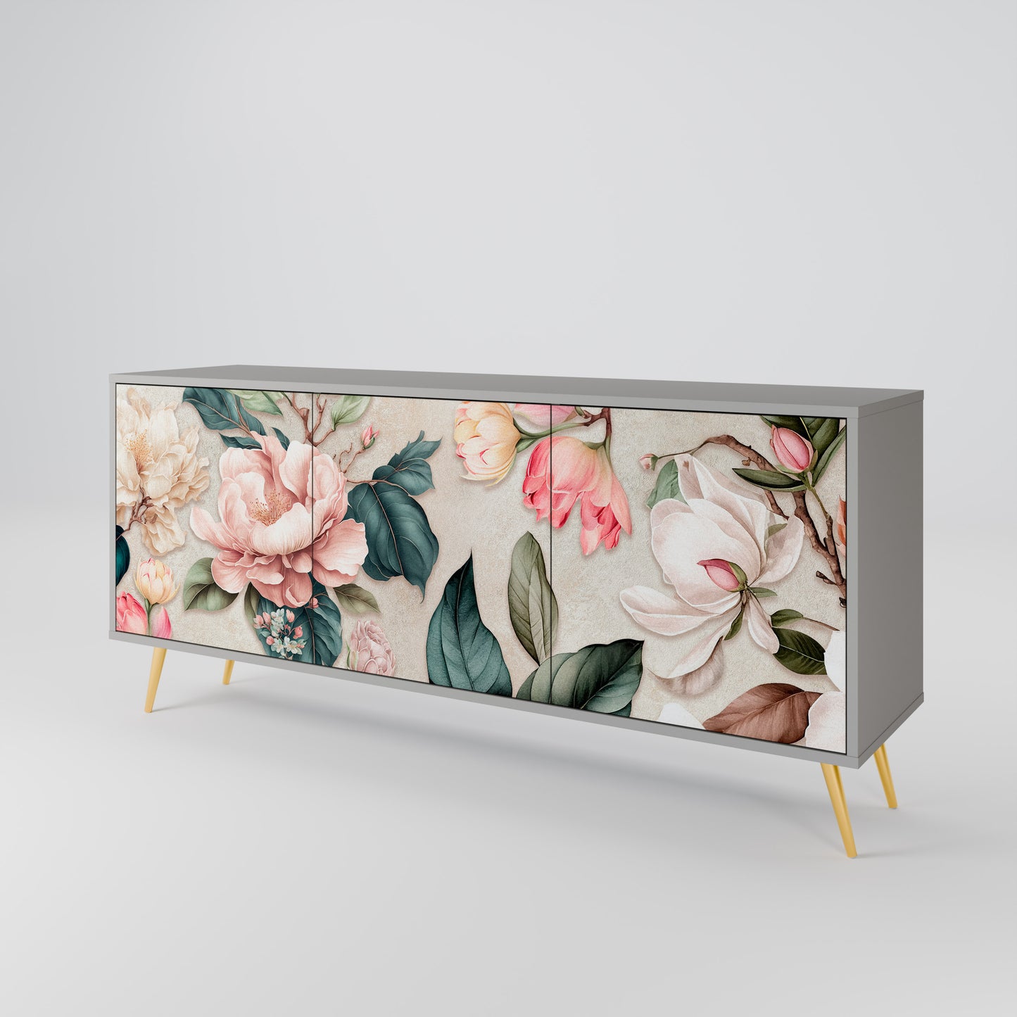 FLORAL GRACE 3-Door Sideboard in Grey Finish