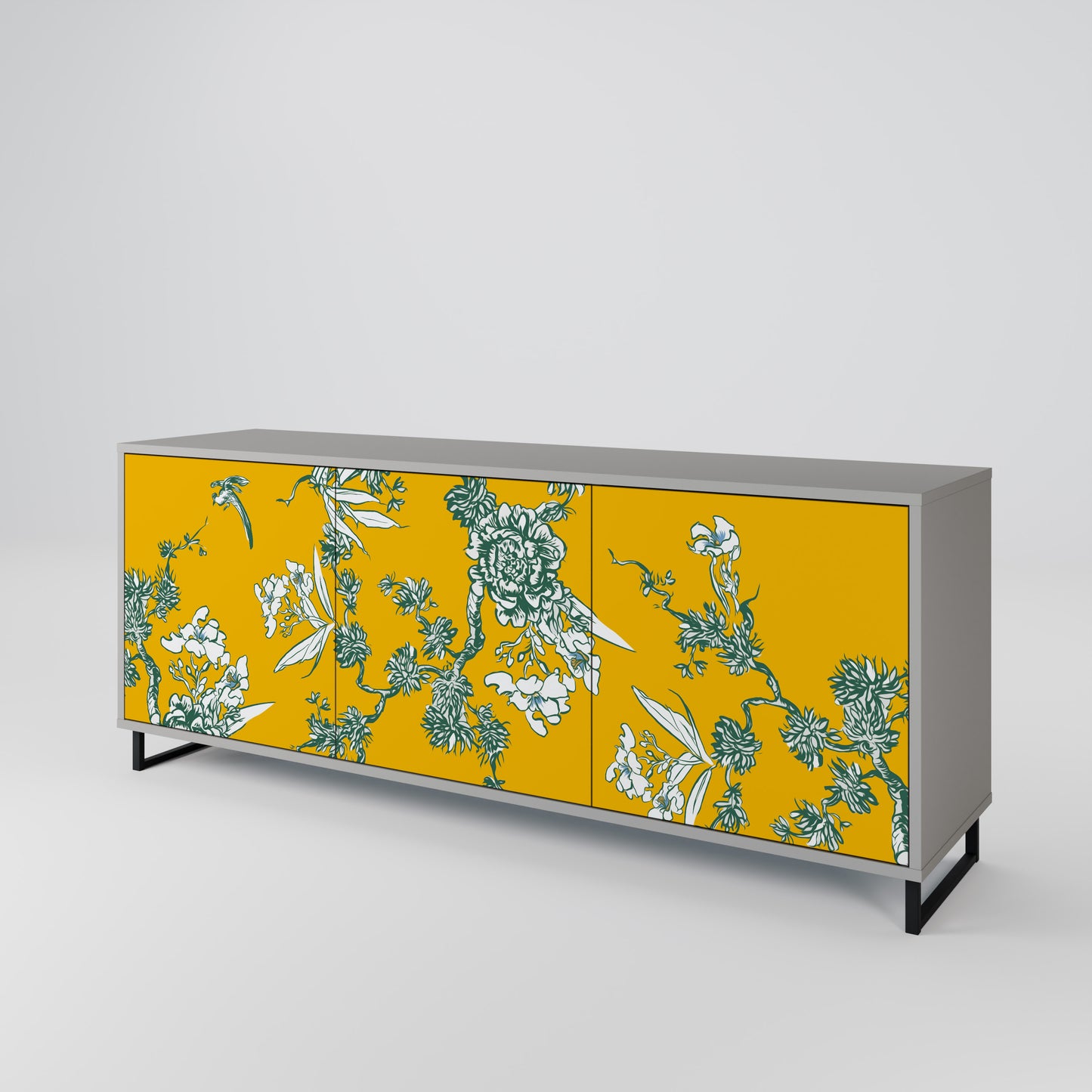YELLOW CHINOISERIE 3-Door Sideboard in Grey Finish