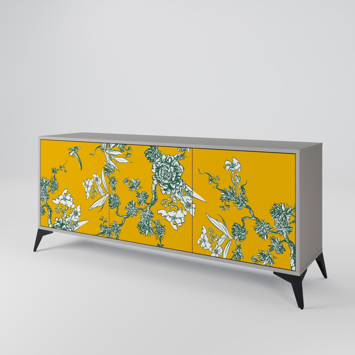 YELLOW CHINOISERIE 3-Door Sideboard in Grey Finish