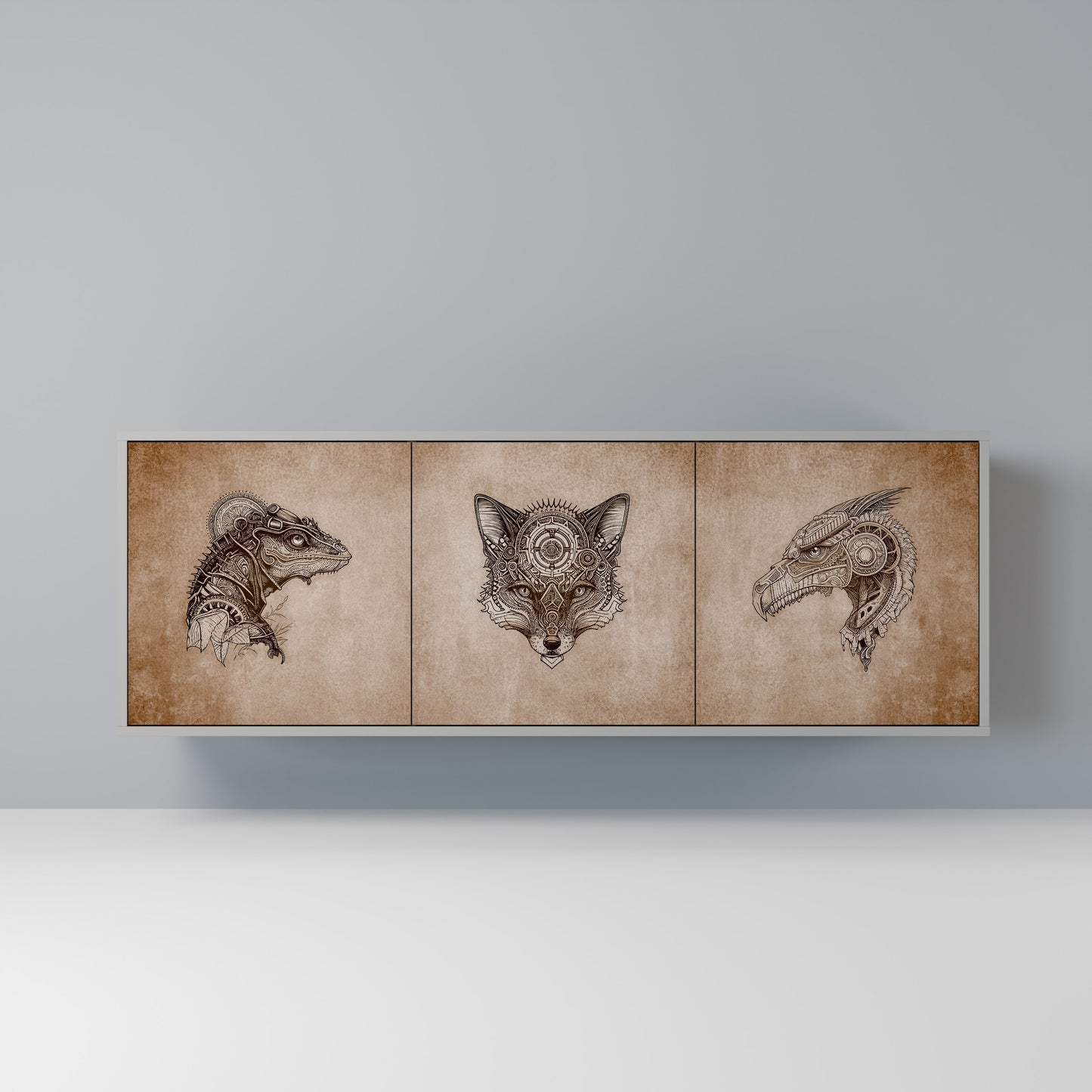 STEAMPUNK CLAN 3-Door Sideboard in Grey Finish