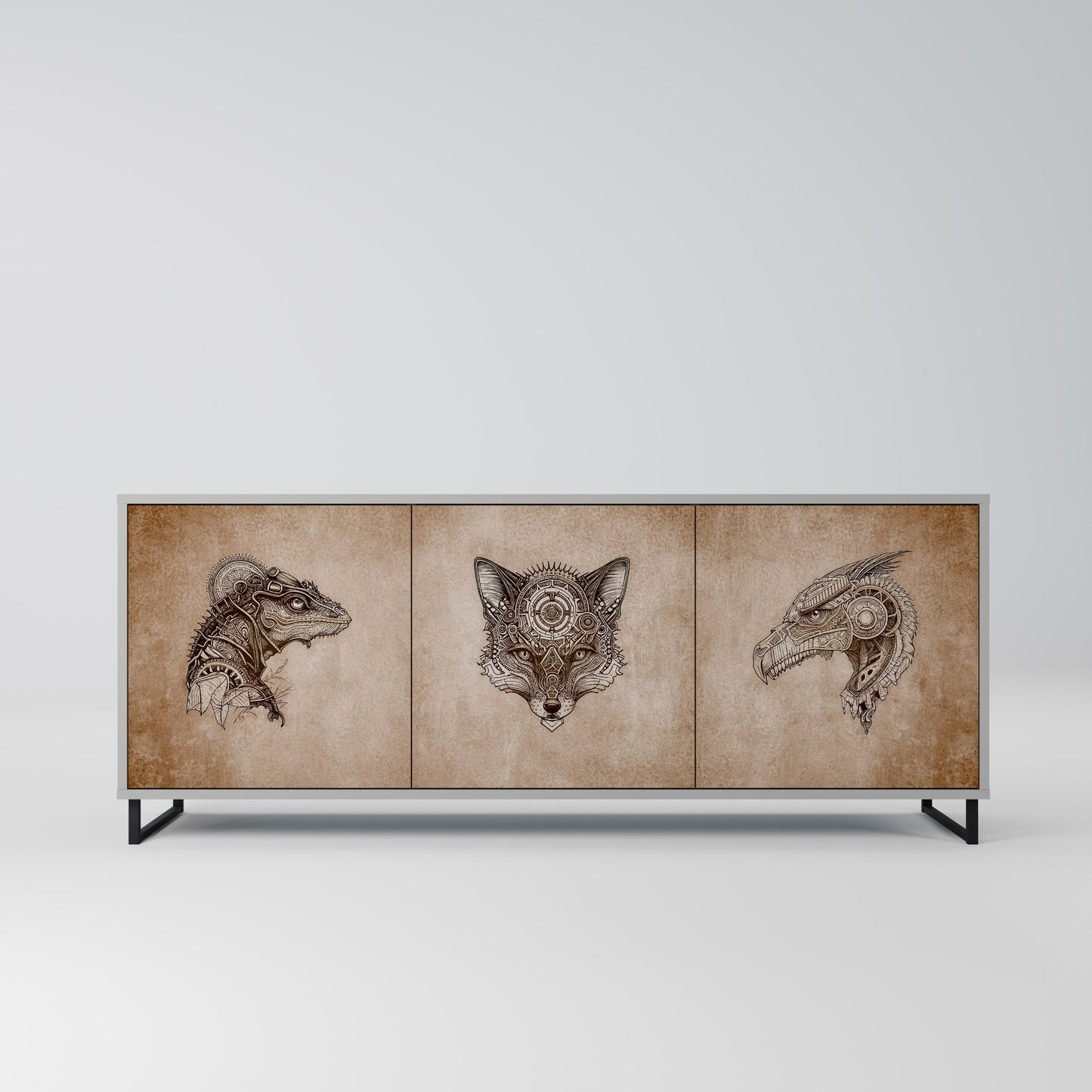 STEAMPUNK CLAN 3-Door Sideboard in Grey Finish