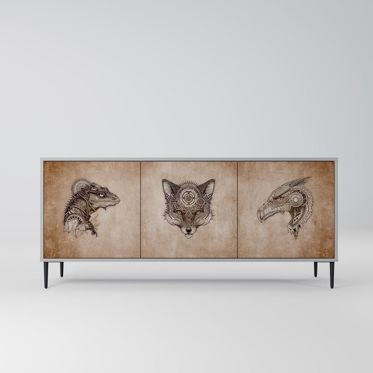 STEAMPUNK CLAN 3-Door Sideboard in Grey Finish