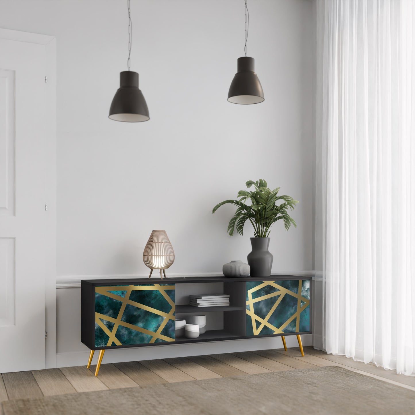 THE LABYRINTH OF GOLD 2-Door TV Stand in Black Finish