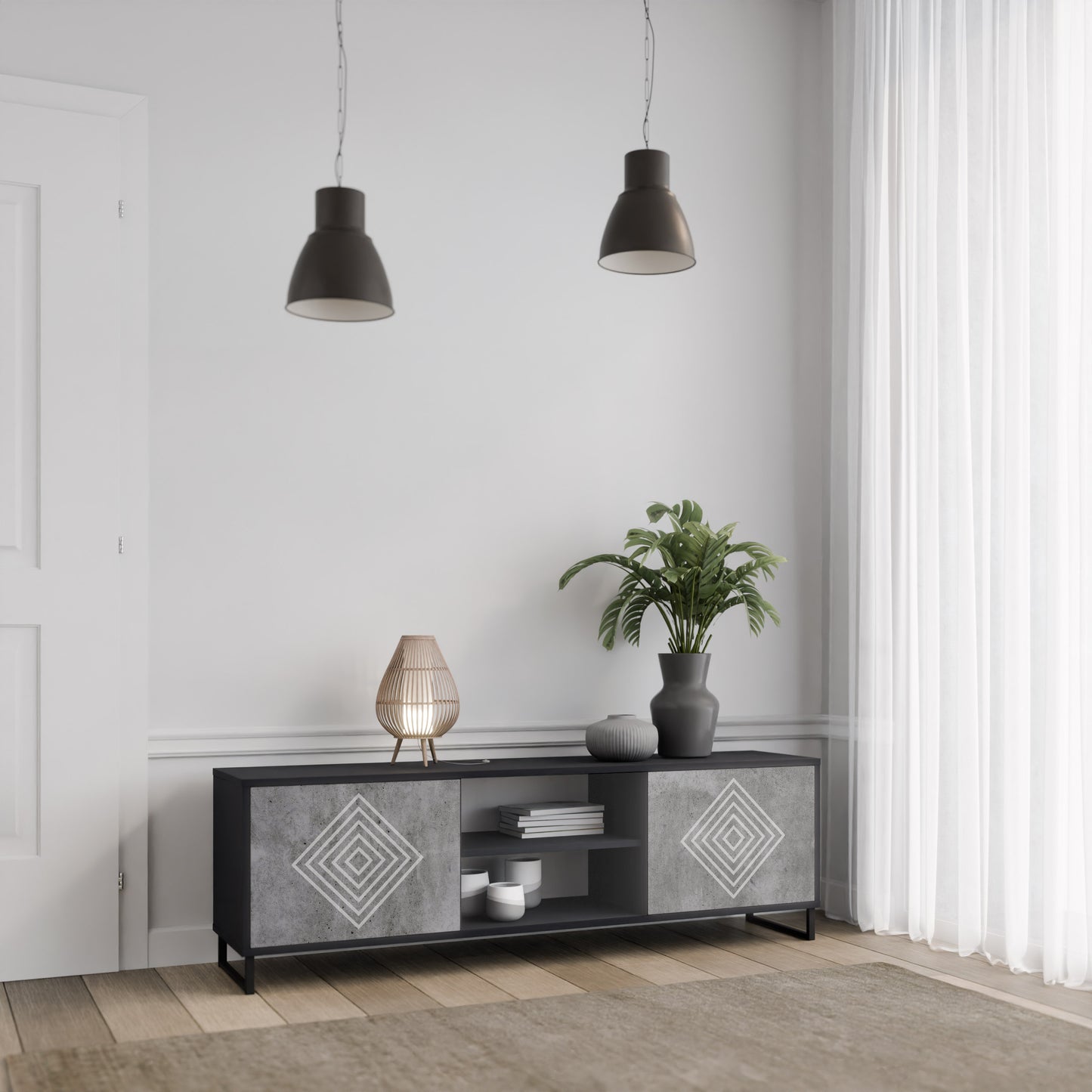 POLYGONAL ARTISTRY 2-Door TV Stand in Black Finish
