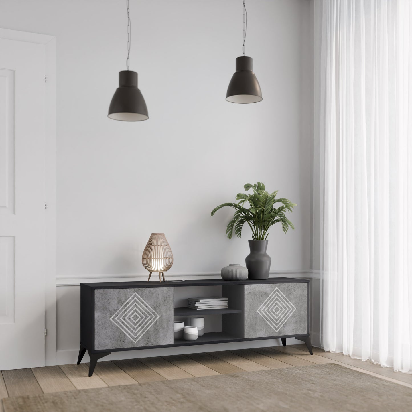 POLYGONAL ARTISTRY 2-Door TV Stand in Black Finish