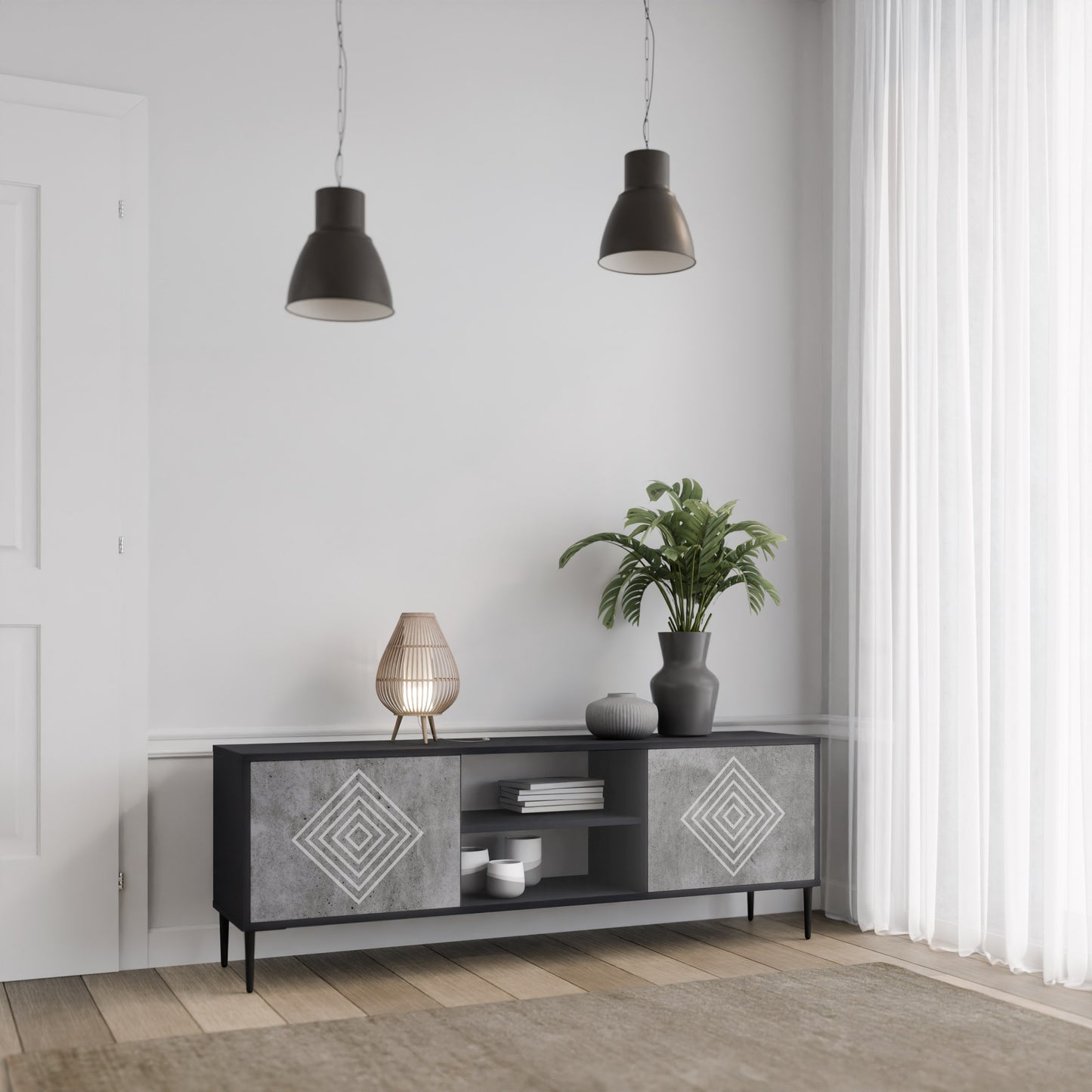 POLYGONAL ARTISTRY 2-Door TV Stand in Black Finish