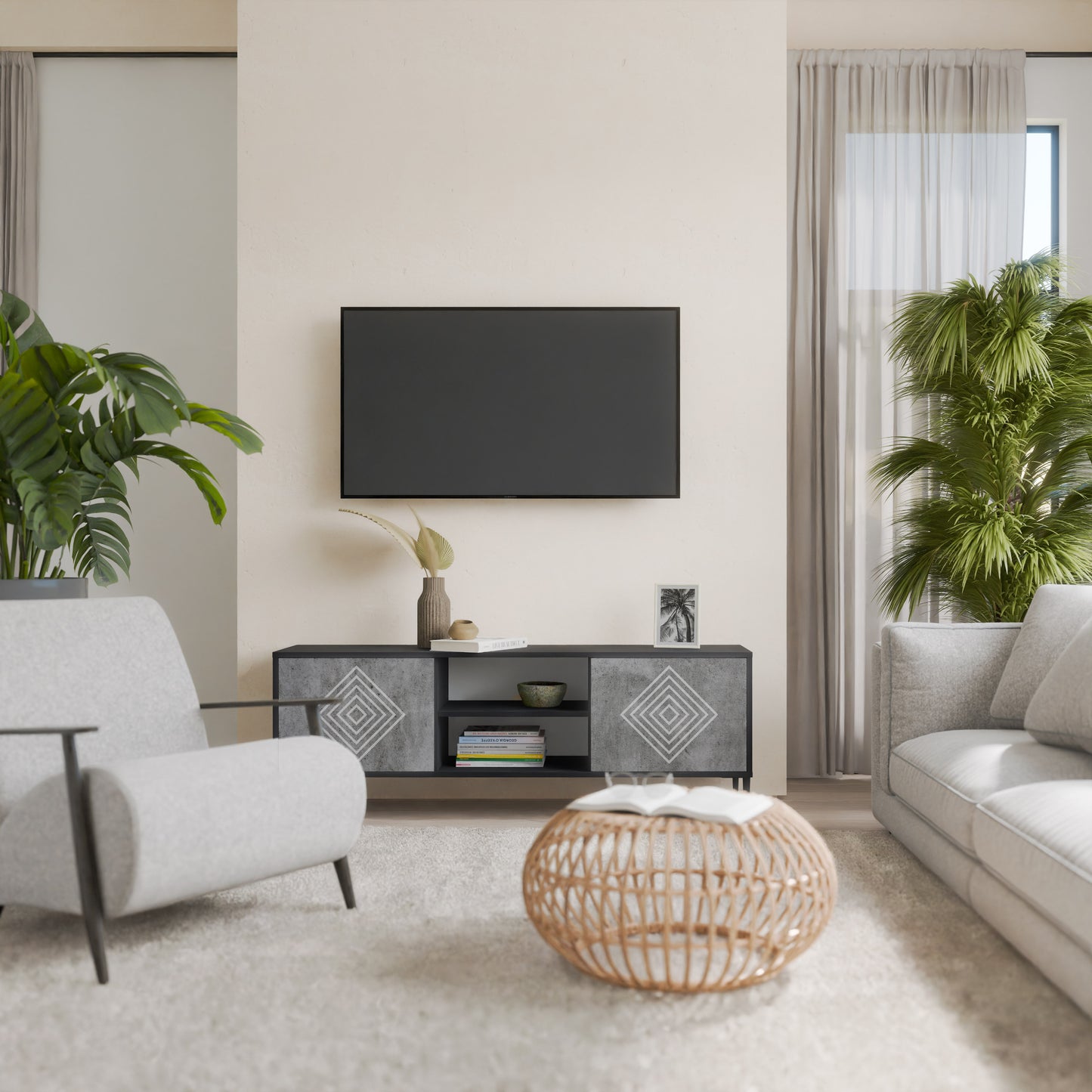 POLYGONAL ARTISTRY 2-Door TV Stand in Black Finish