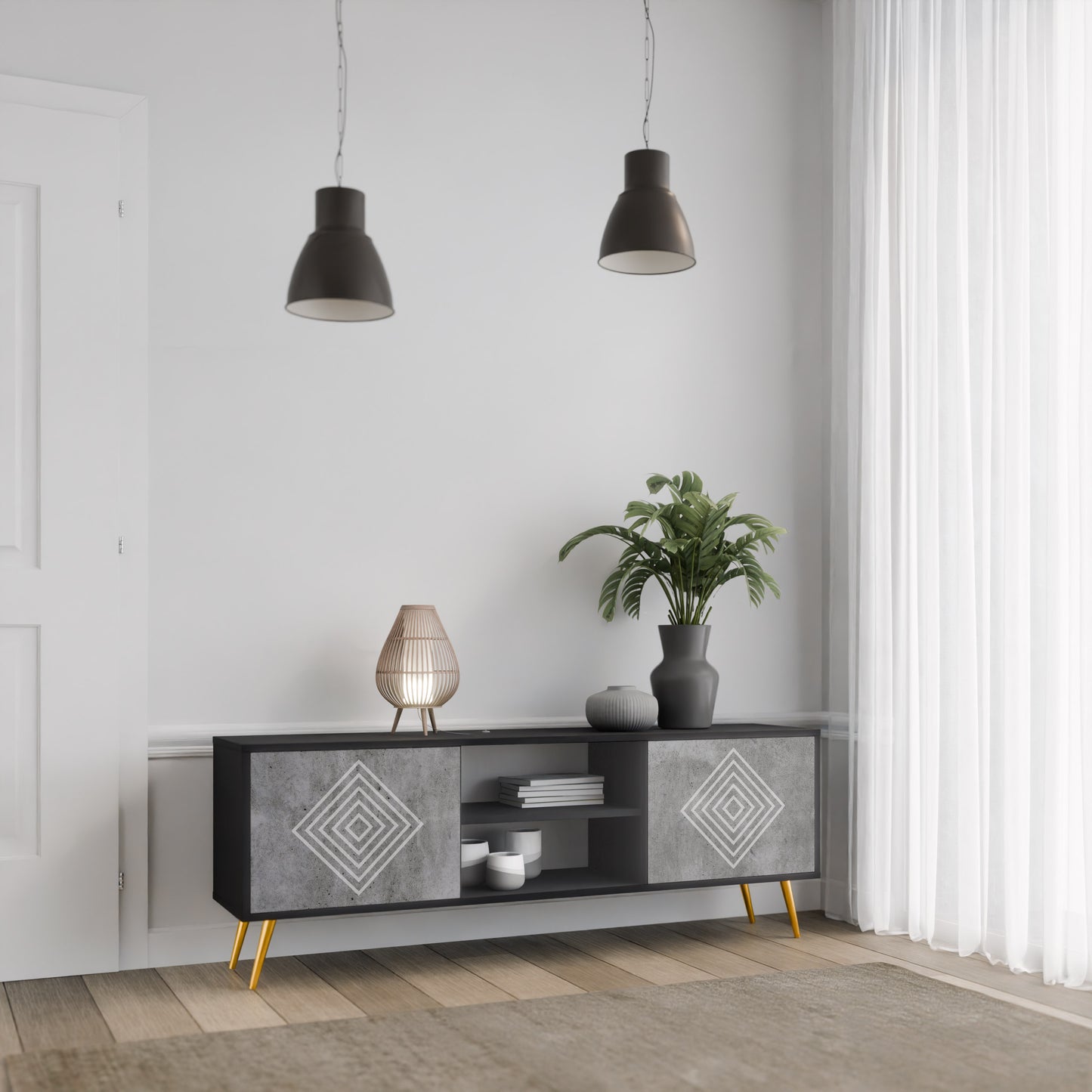 POLYGONAL ARTISTRY 2-Door TV Stand in Black Finish