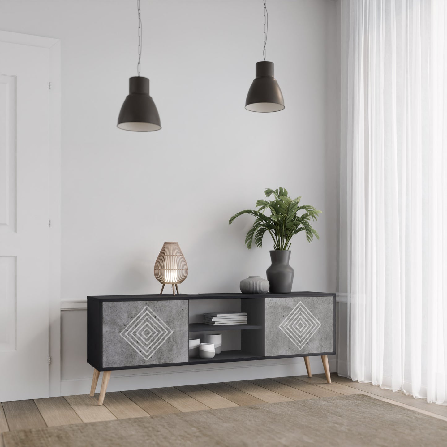 POLYGONAL ARTISTRY 2-Door TV Stand in Black Finish