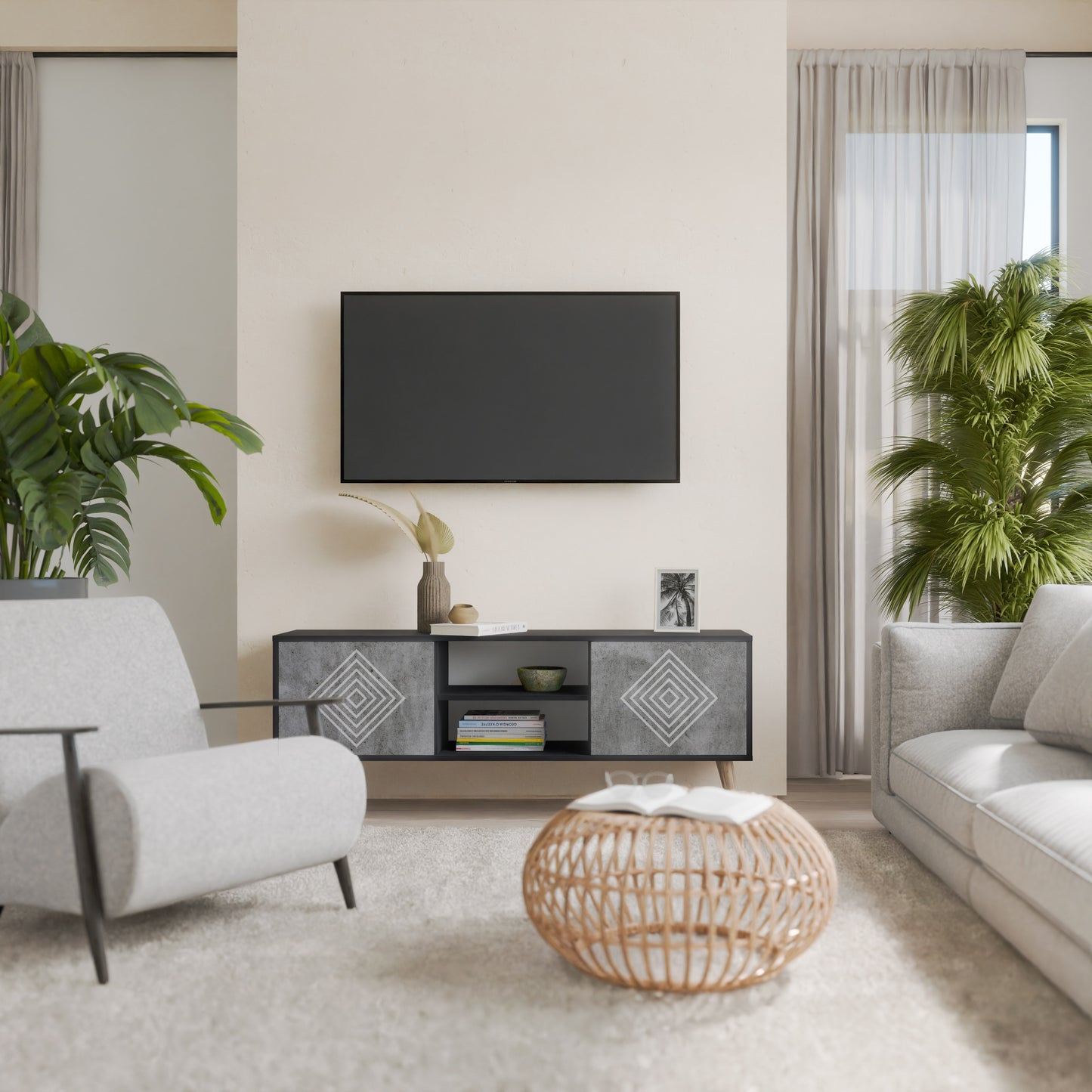 POLYGONAL ARTISTRY 2-Door TV Stand in Black Finish