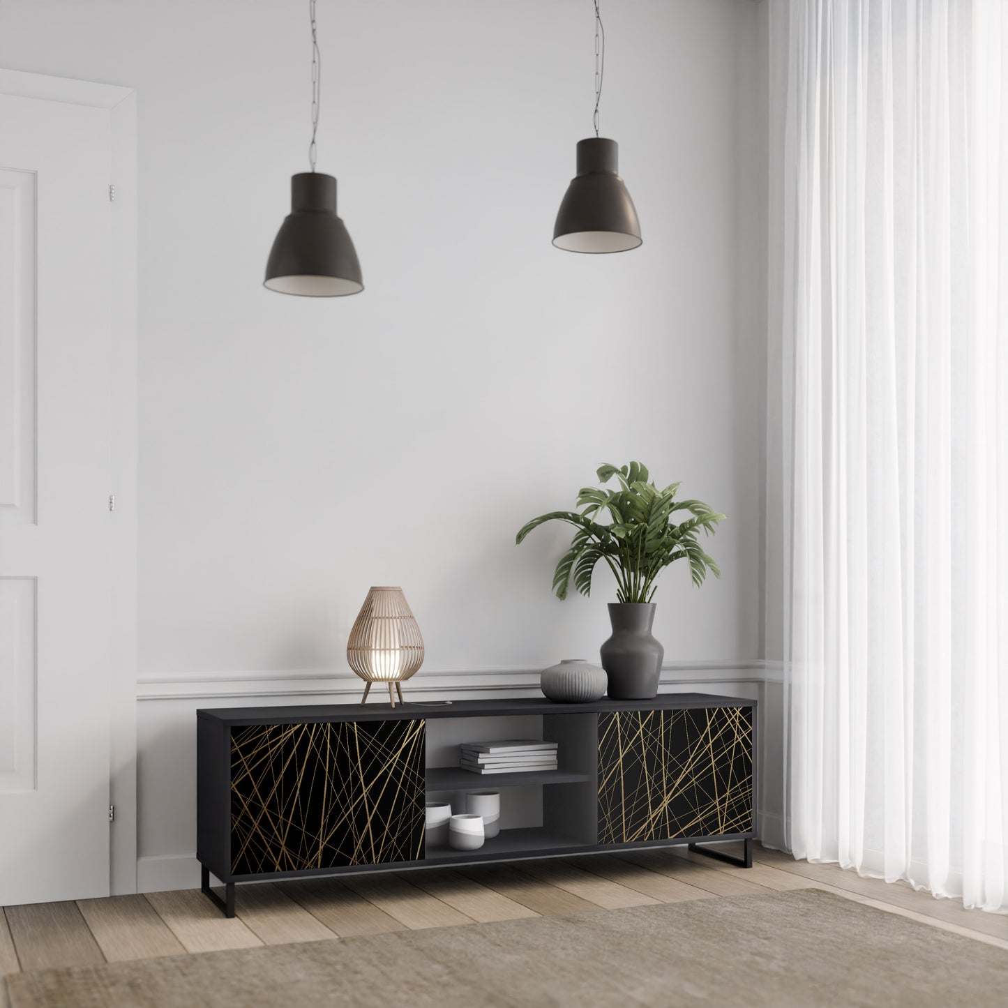 BRIGHT MESH 2-Door TV Stand in Black Finish