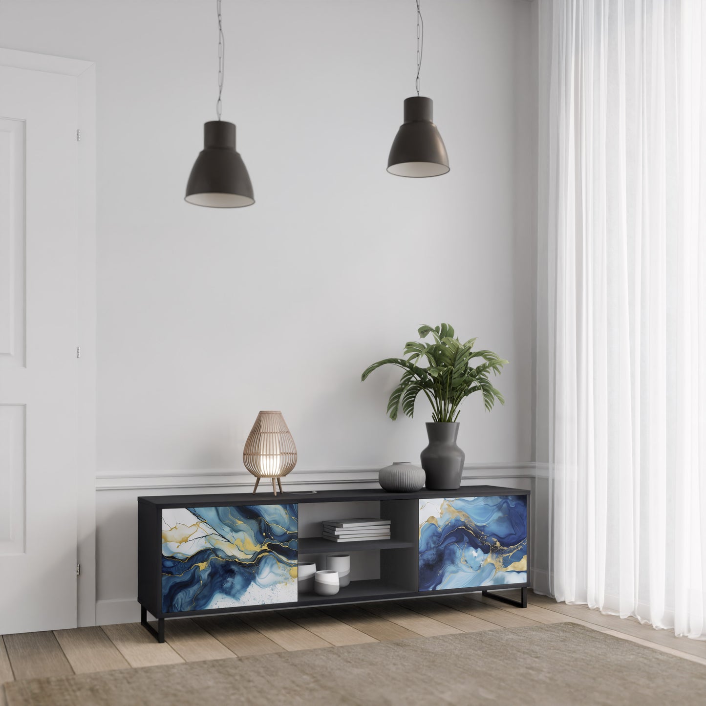 INKY MARBLE 2-Door TV Stand in Black Finish