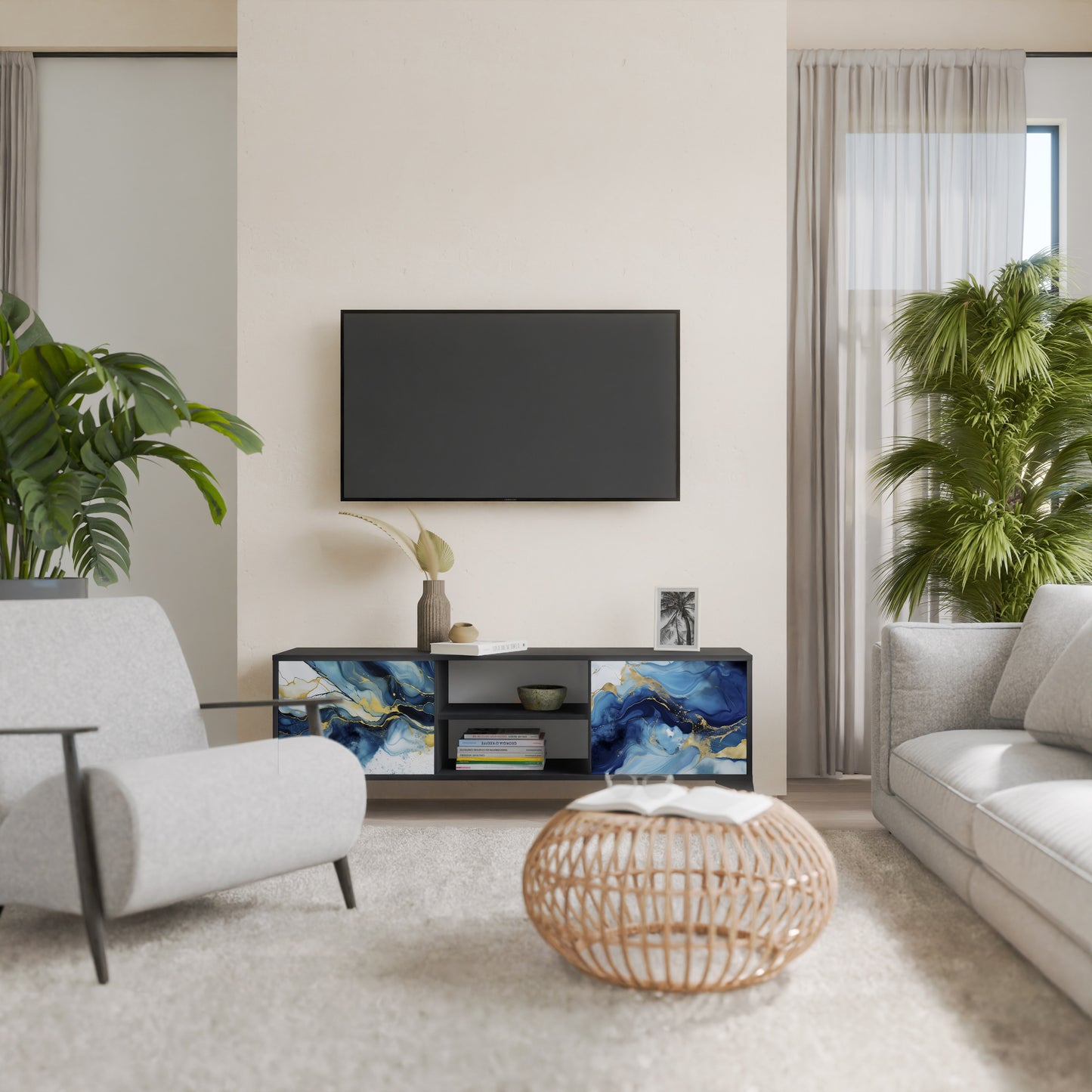 INKY MARBLE 2-Door TV Stand in Black Finish