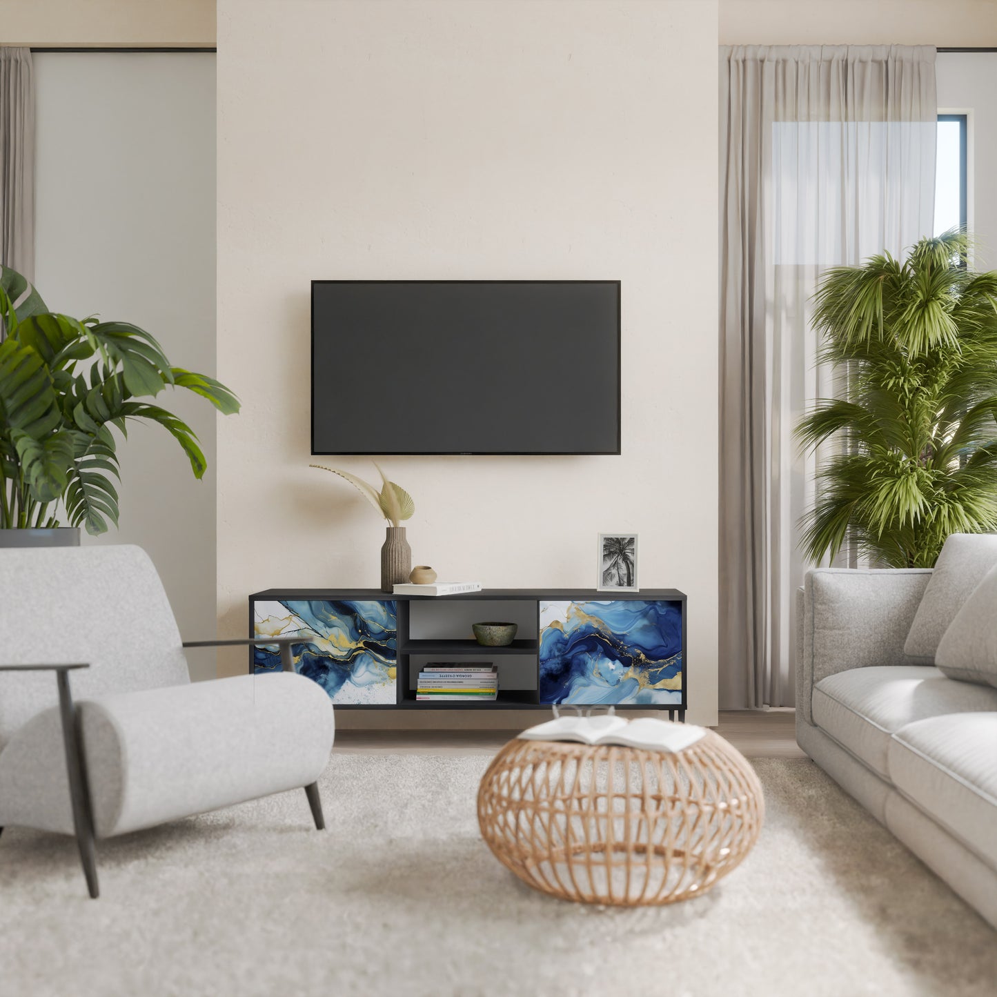 INKY MARBLE 2-Door TV Stand in Black Finish