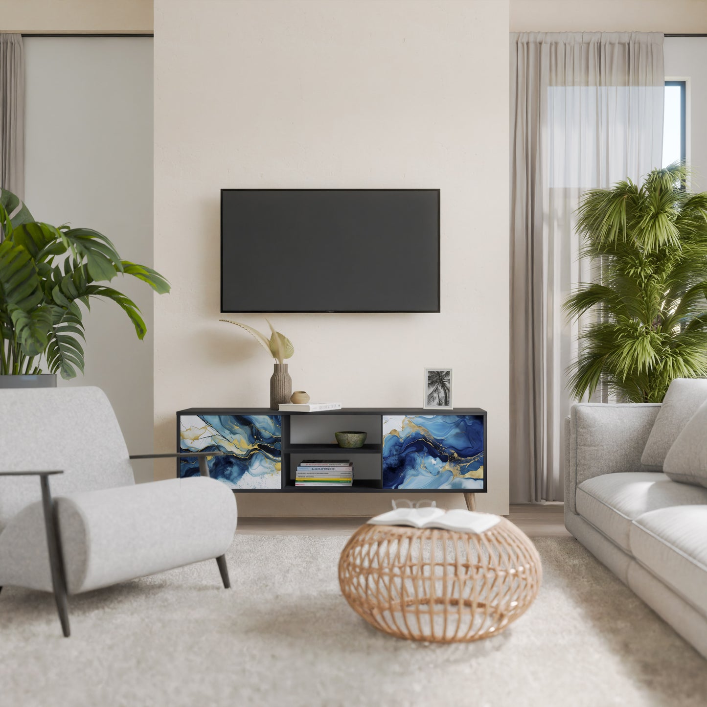 INKY MARBLE 2-Door TV Stand in Black Finish