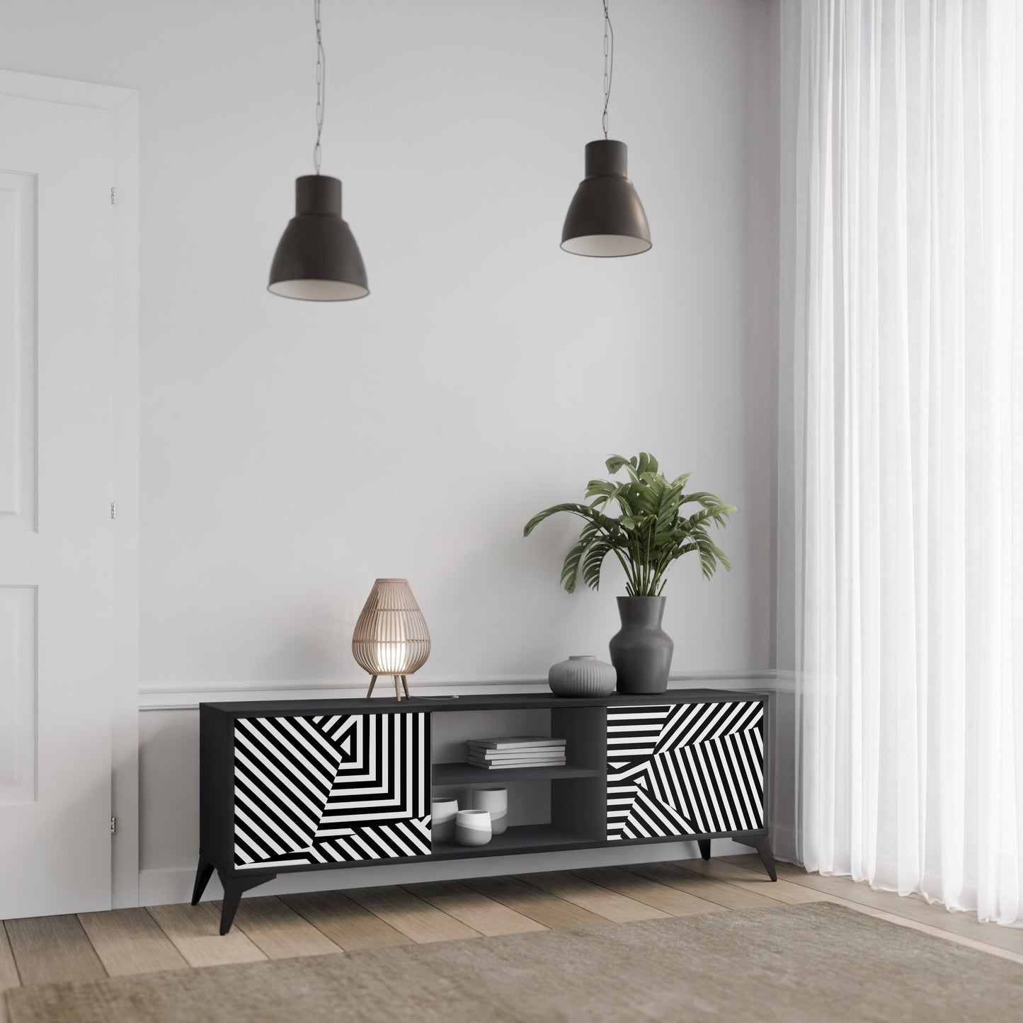 ILLUSIONARY LATTICE 2-Door TV Stand in Black Finish