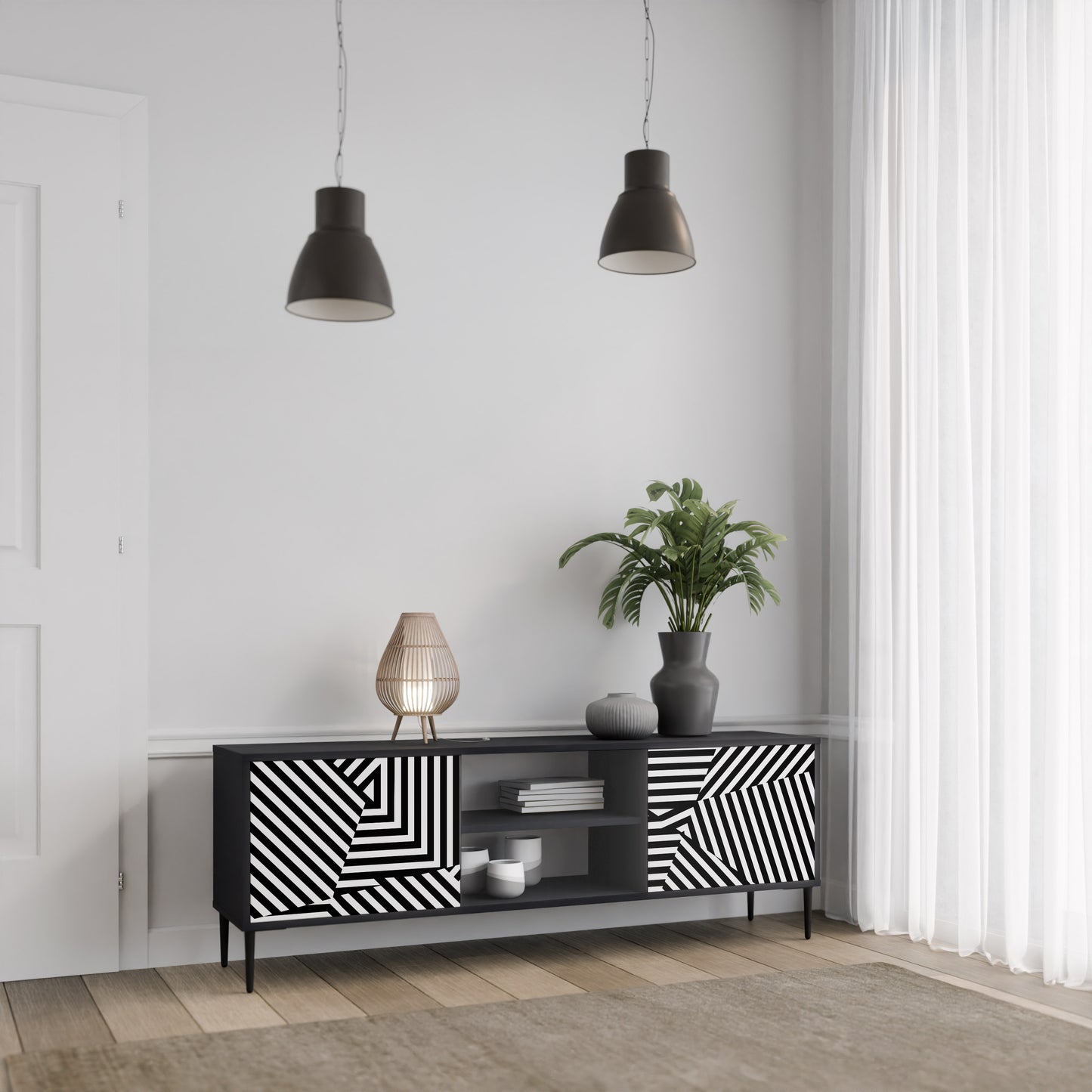 ILLUSIONARY LATTICE 2-Door TV Stand in Black Finish