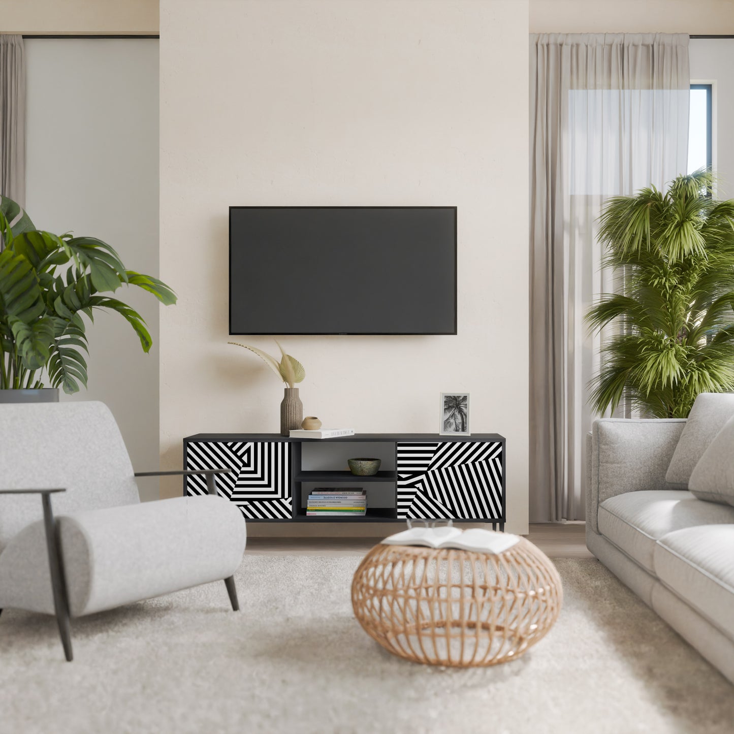 ILLUSIONARY LATTICE 2-Door TV Stand in Black Finish