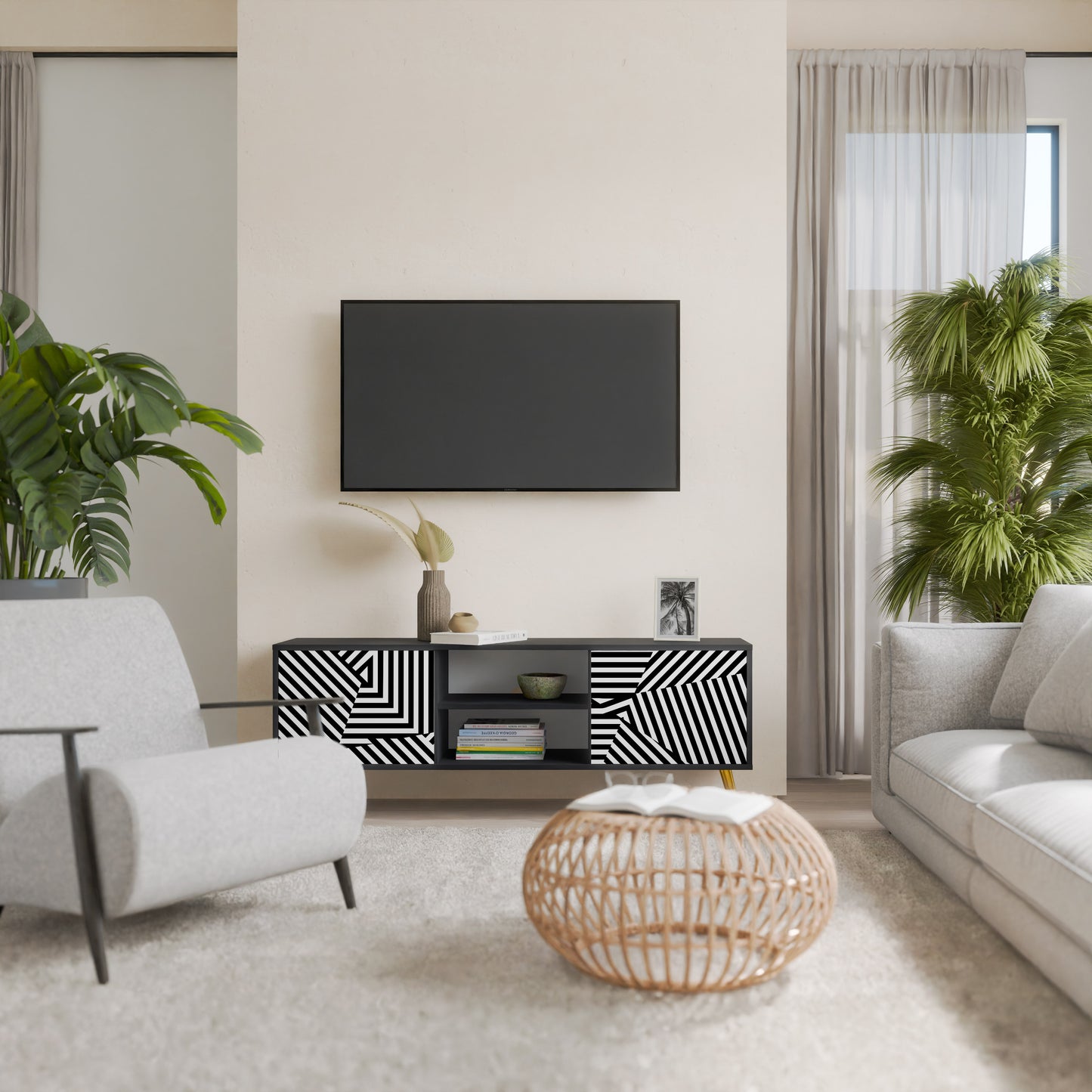 ILLUSIONARY LATTICE 2-Door TV Stand in Black Finish