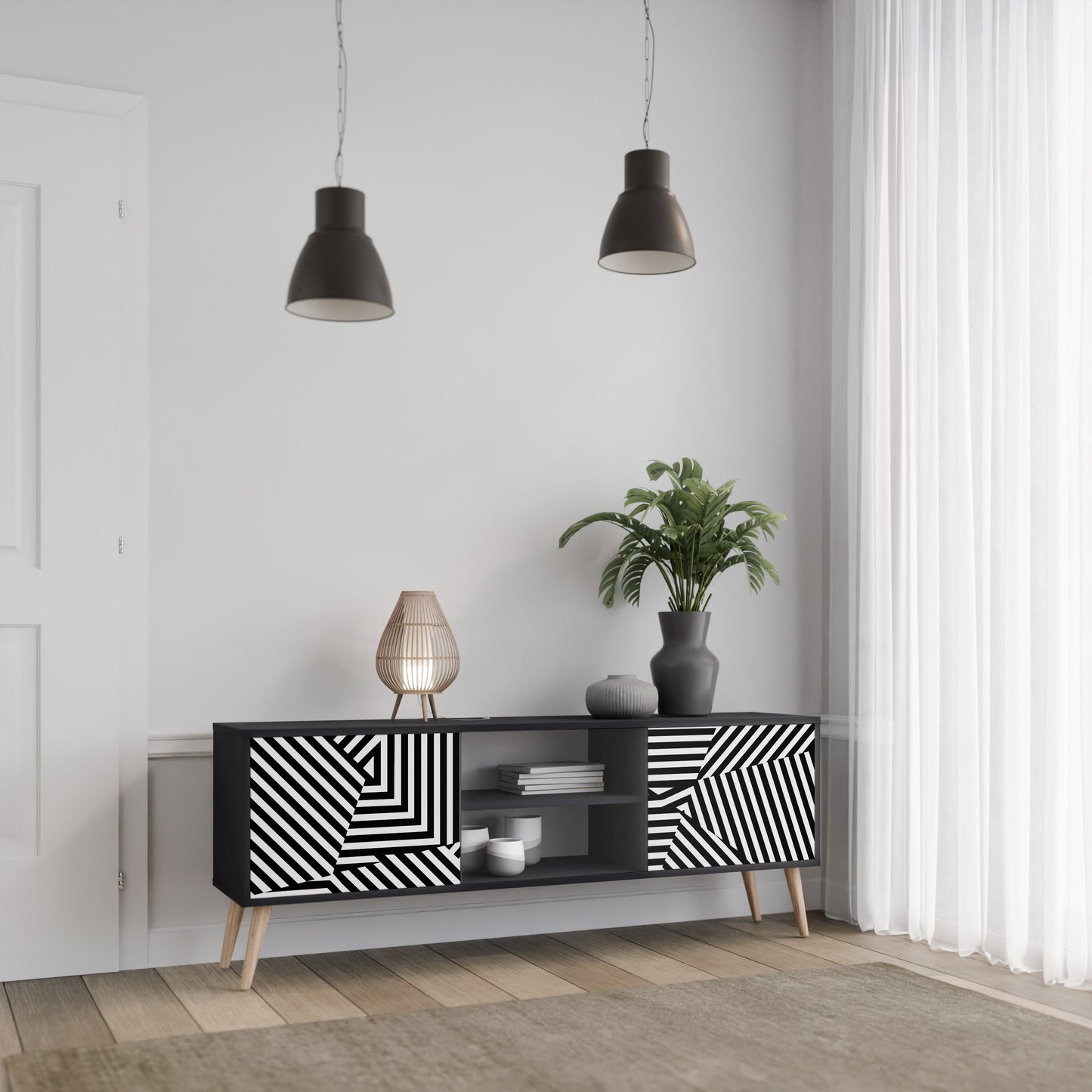 ILLUSIONARY LATTICE 2-Door TV Stand in Black Finish