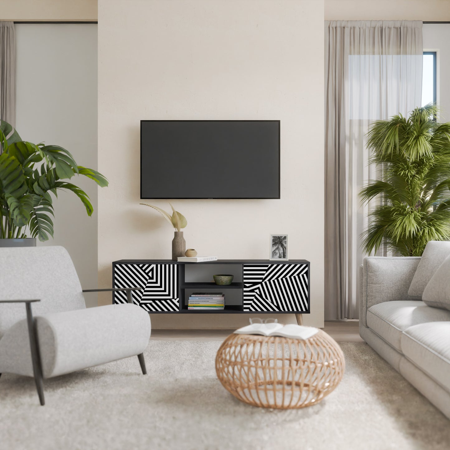 ILLUSIONARY LATTICE 2-Door TV Stand in Black Finish