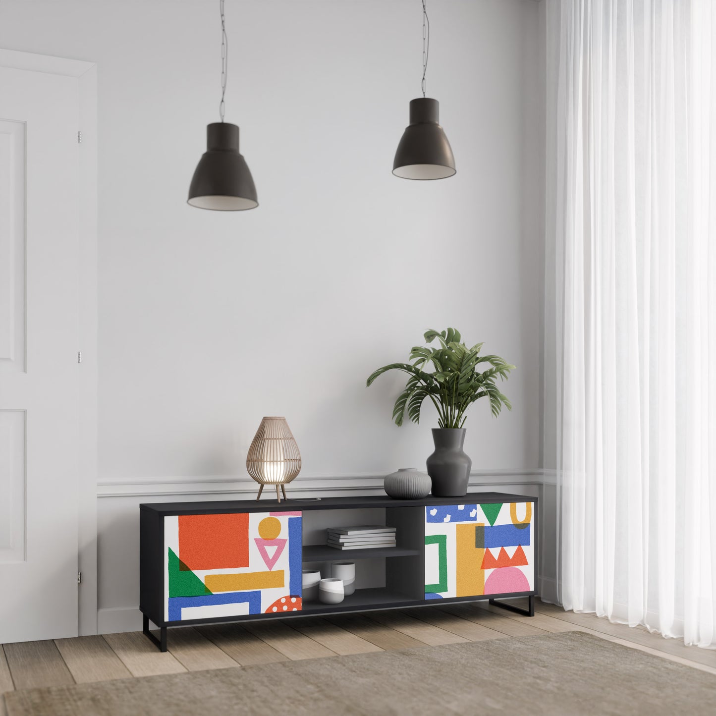 GEOMETRIC GLIMMER 2-dörrars TV-bänk i svart finish