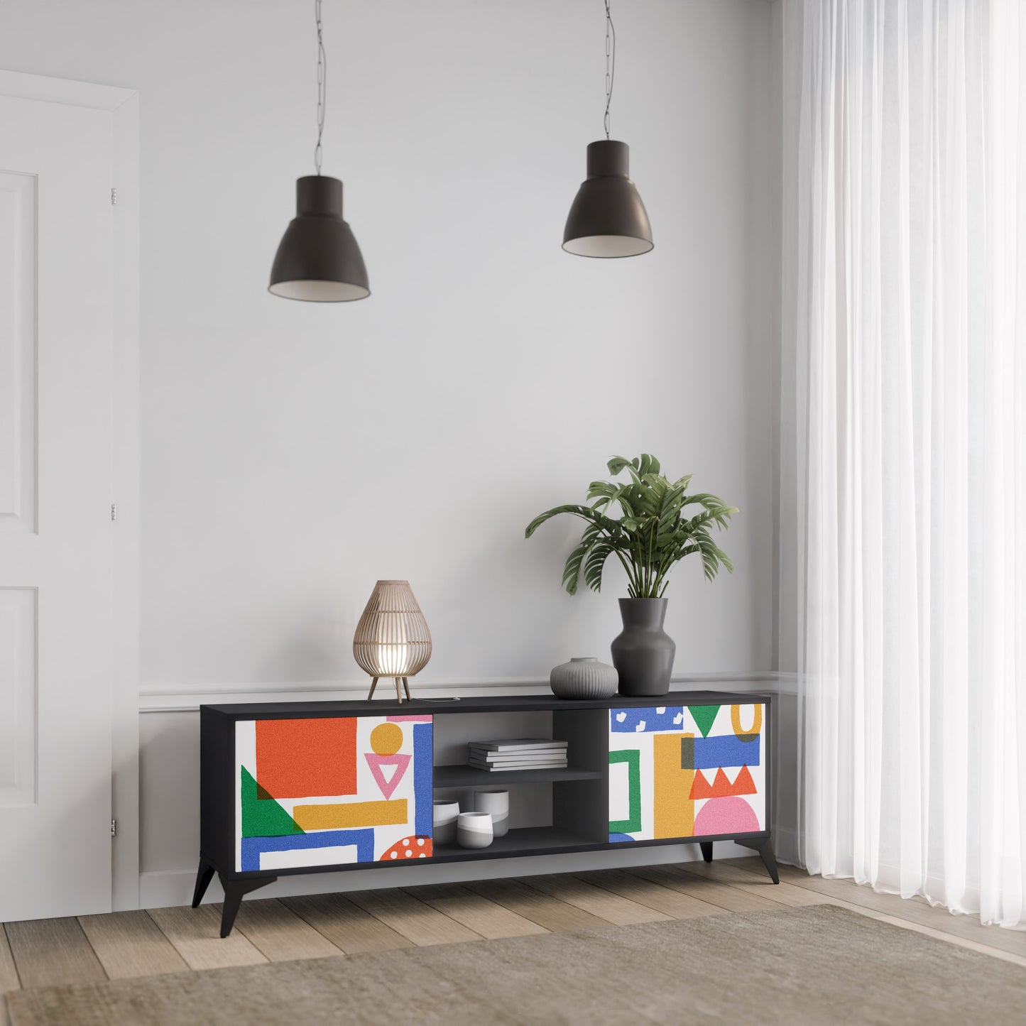 GEOMETRIC GLIMMER 2-dörrars TV-bänk i svart finish