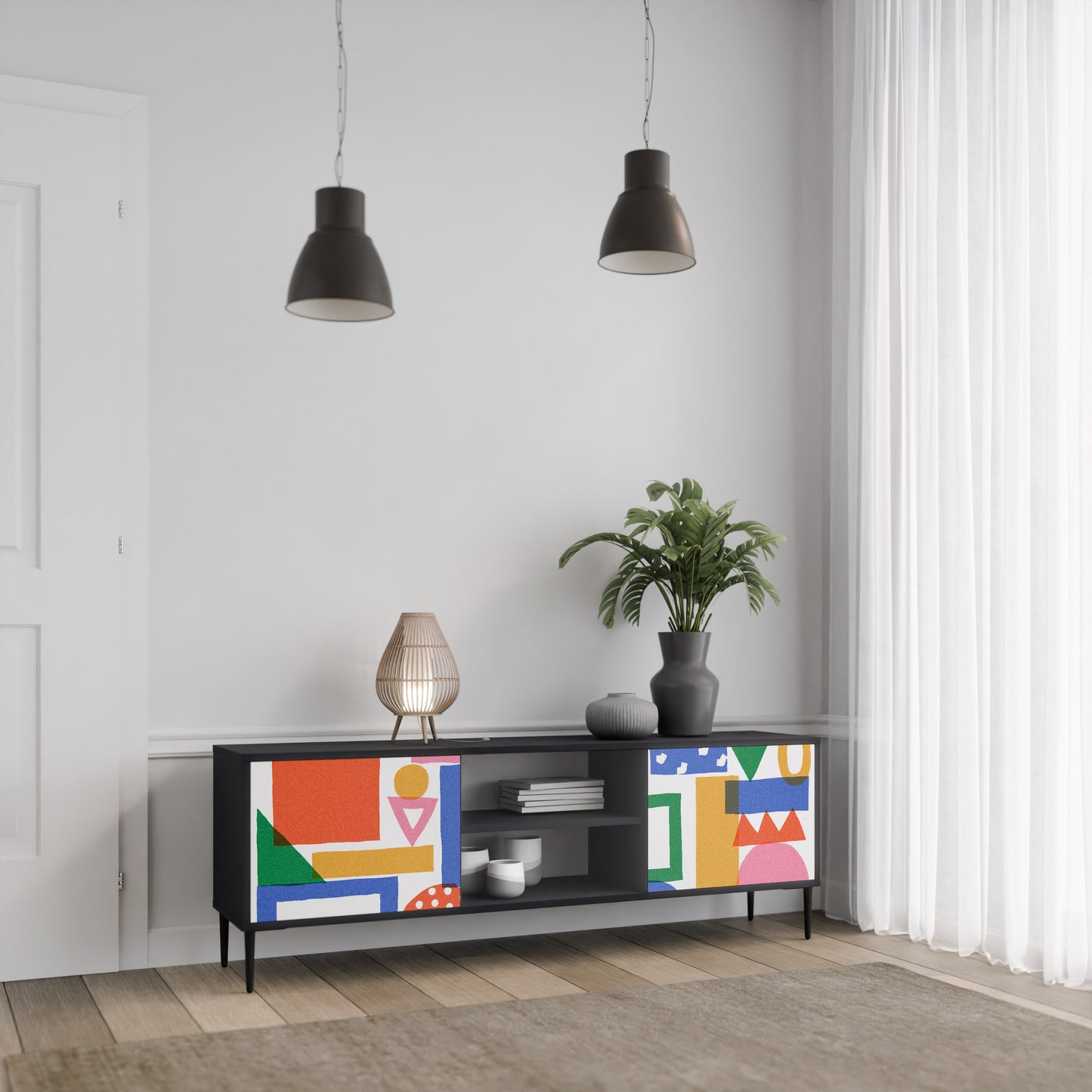 GEOMETRIC GLIMMER 2-dörrars TV-bänk i svart finish