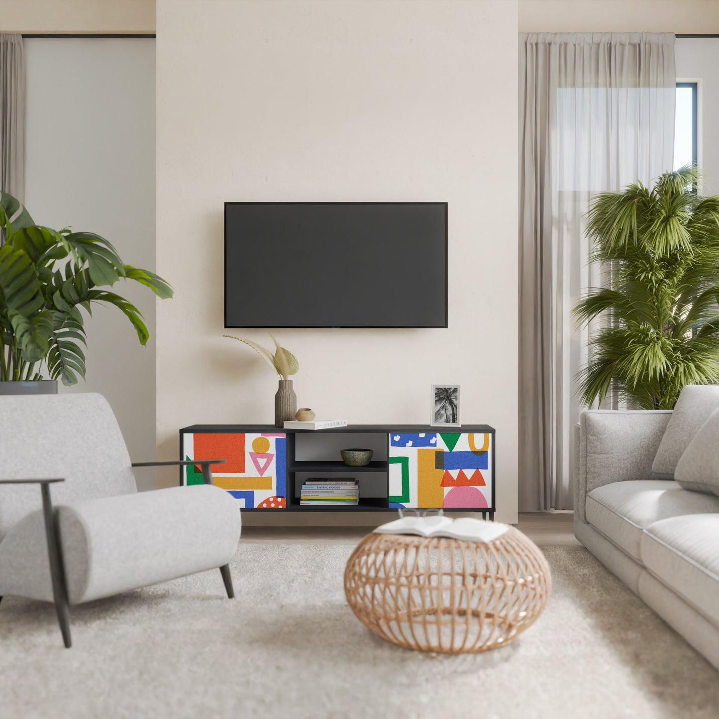 GEOMETRIC GLIMMER 2-dörrars TV-bänk i svart finish