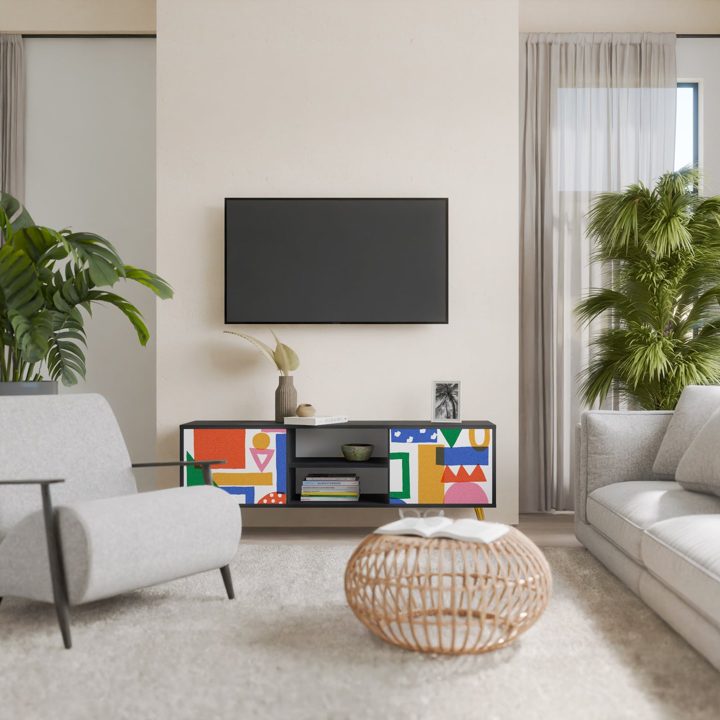 GEOMETRIC GLIMMER 2-dörrars TV-bänk i svart finish