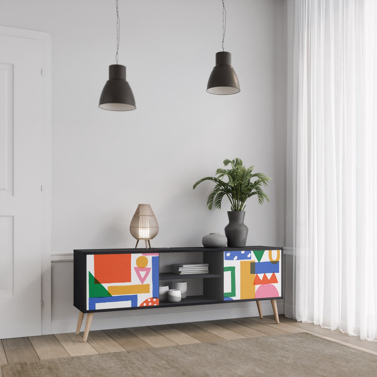 GEOMETRIC GLIMMER 2-dörrars TV-bänk i svart finish
