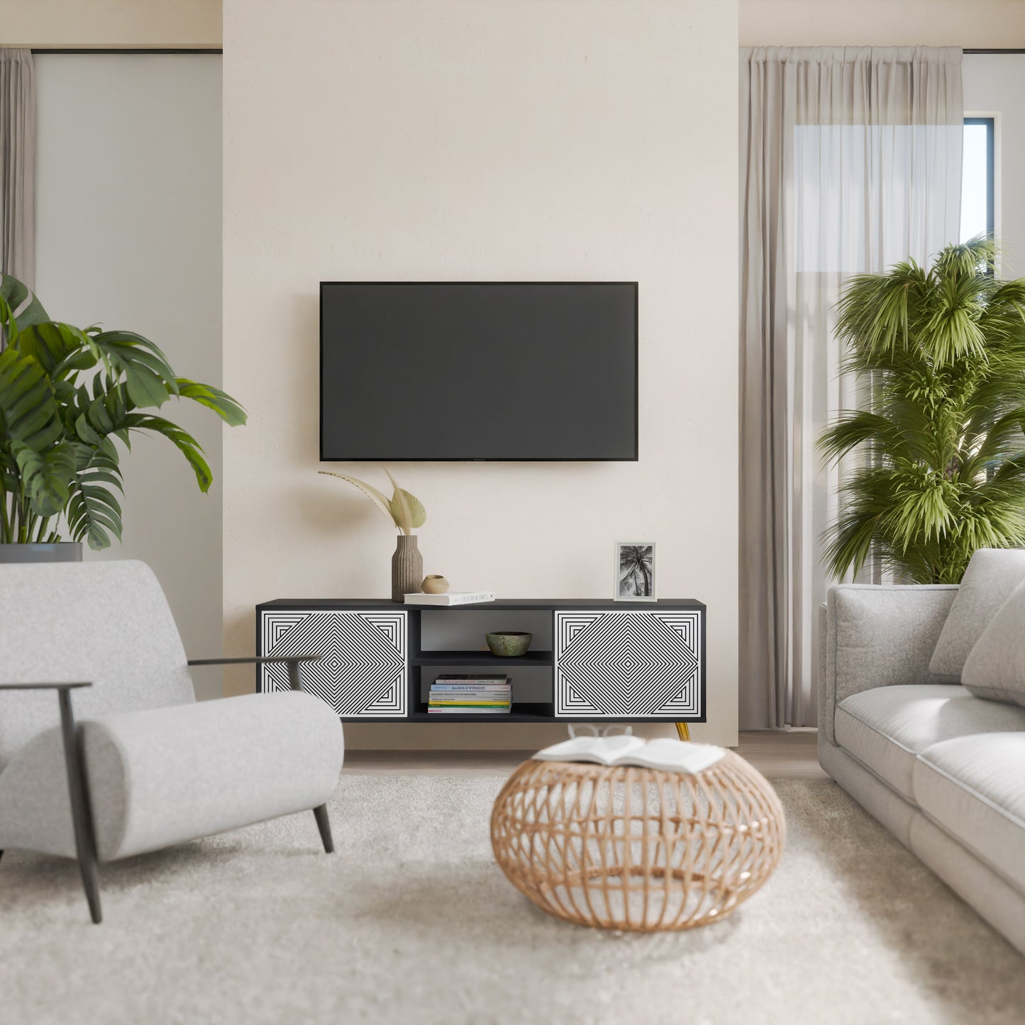 POLYGON ILLUSION 2-Door TV Stand in Black Finish