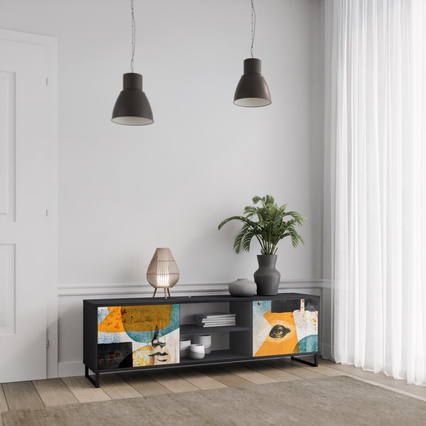 ABSTRACT FACES 2-Door TV Stand in Black Finish