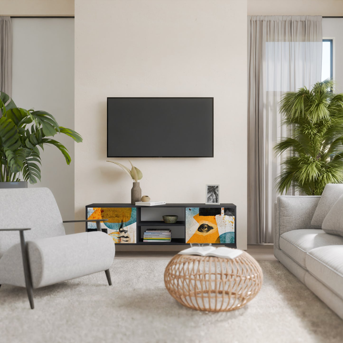 ABSTRACT FACES 2-Door TV Stand in Black Finish
