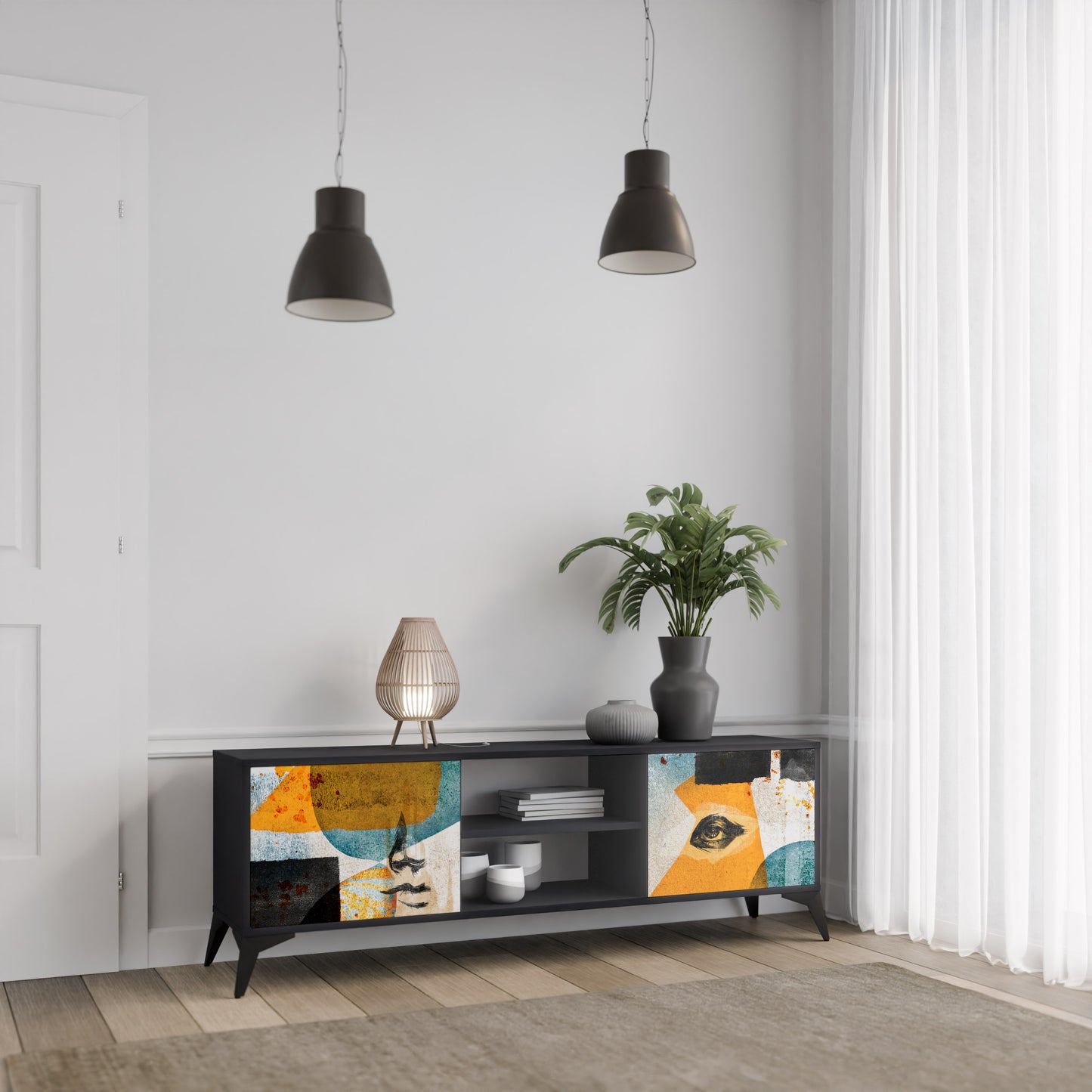 ABSTRACT FACES 2-Door TV Stand in Black Finish