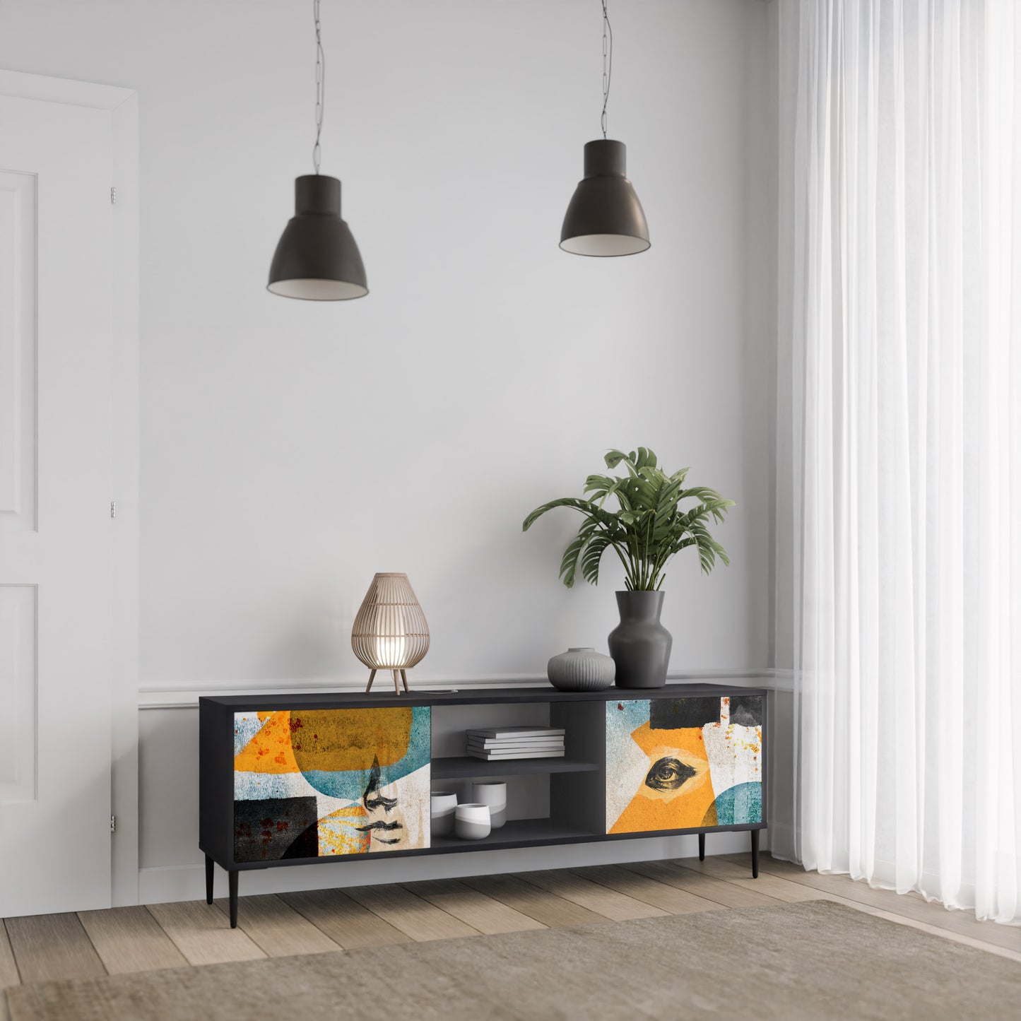 ABSTRACT FACES 2-Door TV Stand in Black Finish