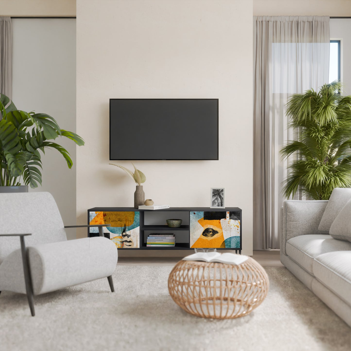 ABSTRACT FACES 2-Door TV Stand in Black Finish