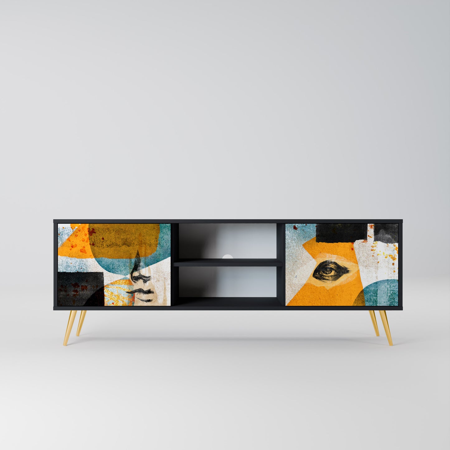 ABSTRACT FACES 2-Door TV Stand in Black Finish