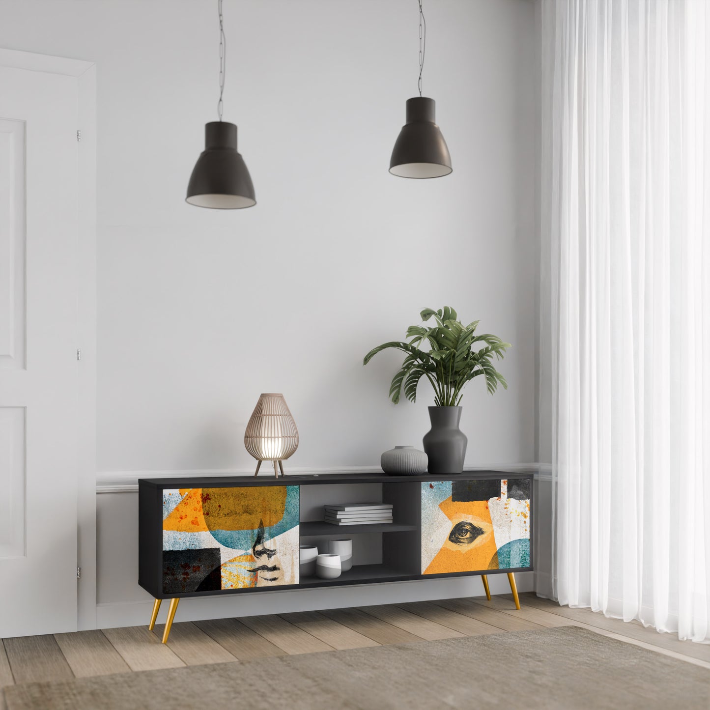 ABSTRACT FACES 2-Door TV Stand in Black Finish