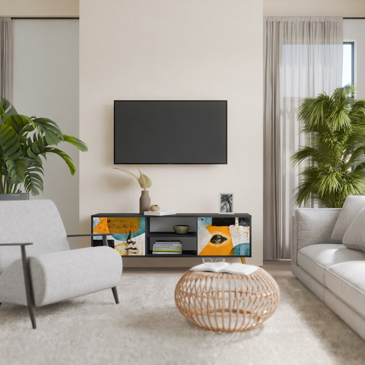 ABSTRACT FACES 2-Door TV Stand in Black Finish