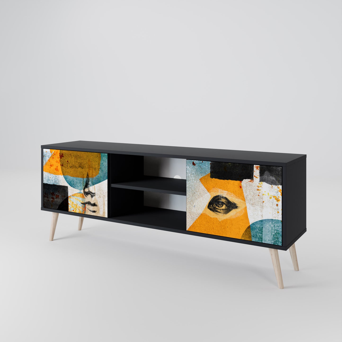 ABSTRACT FACES 2-Door TV Stand in Black Finish
