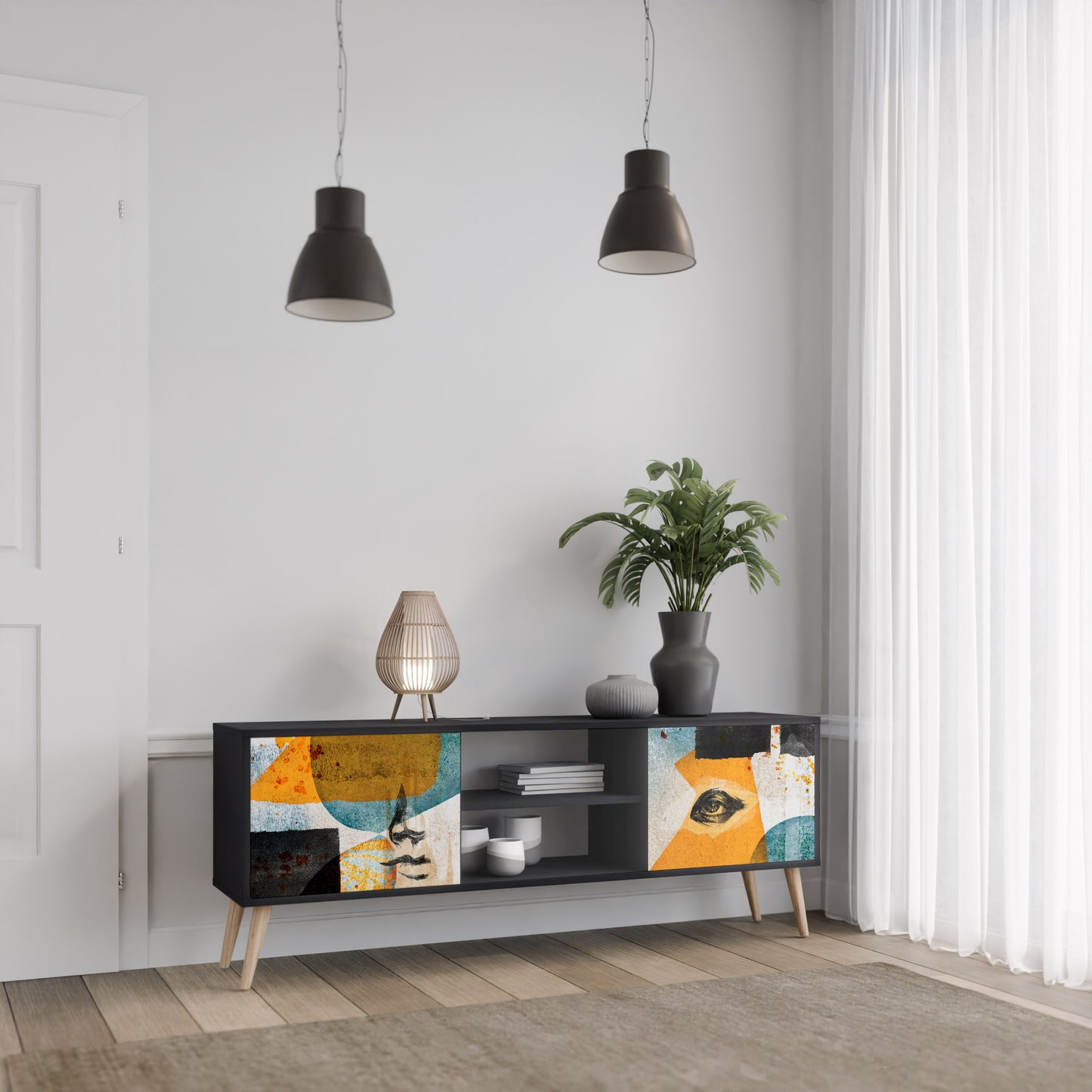 ABSTRACT FACES 2-Door TV Stand in Black Finish