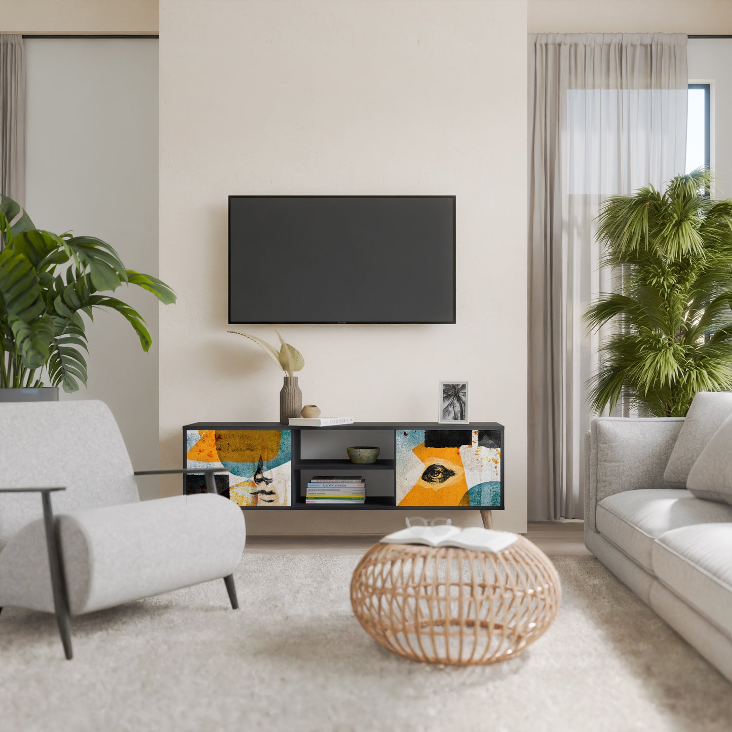 ABSTRACT FACES 2-Door TV Stand in Black Finish