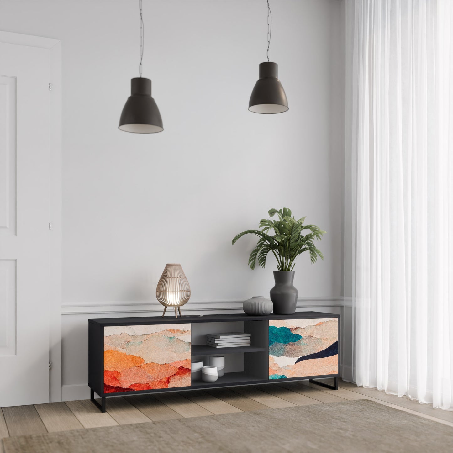 ABSTRACT LANDSCAPE 2-Door TV Stand in Black Finish