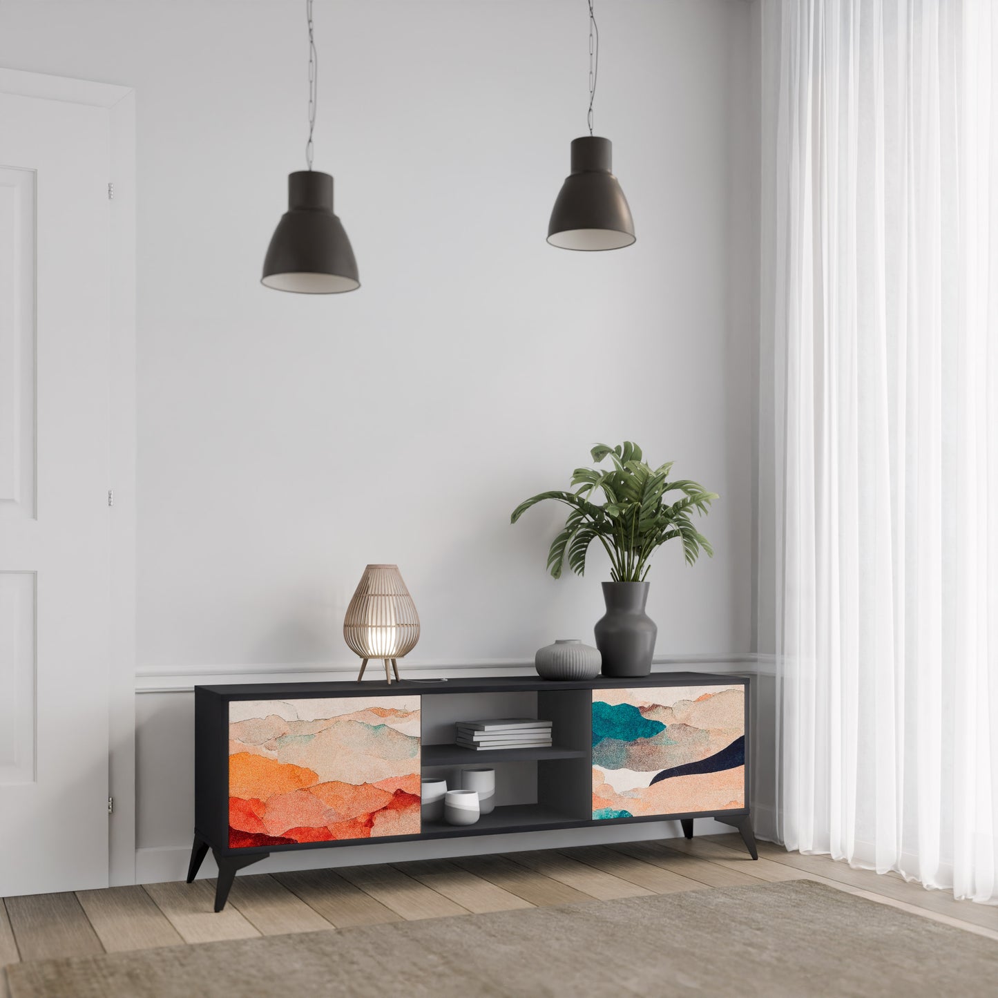 ABSTRACT LANDSCAPE 2-Door TV Stand in Black Finish