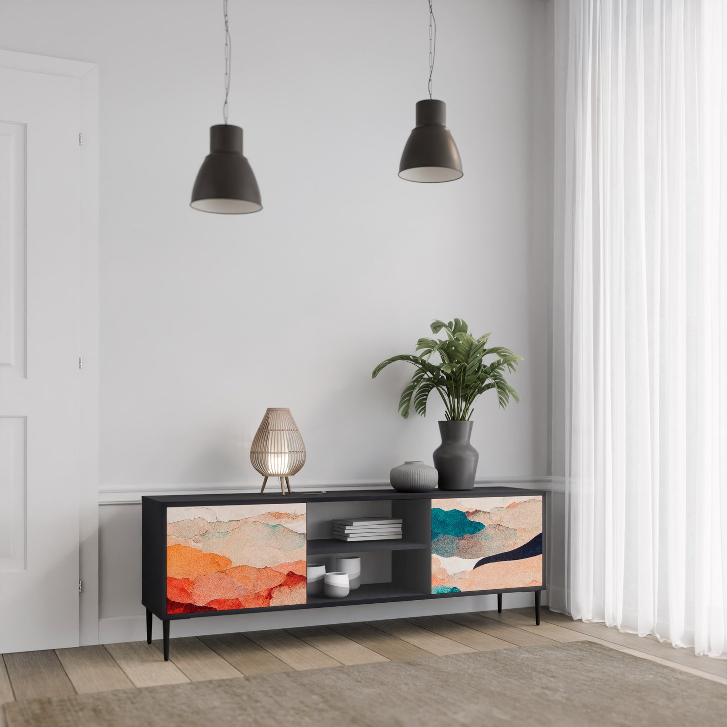 ABSTRACT LANDSCAPE 2-Door TV Stand in Black Finish
