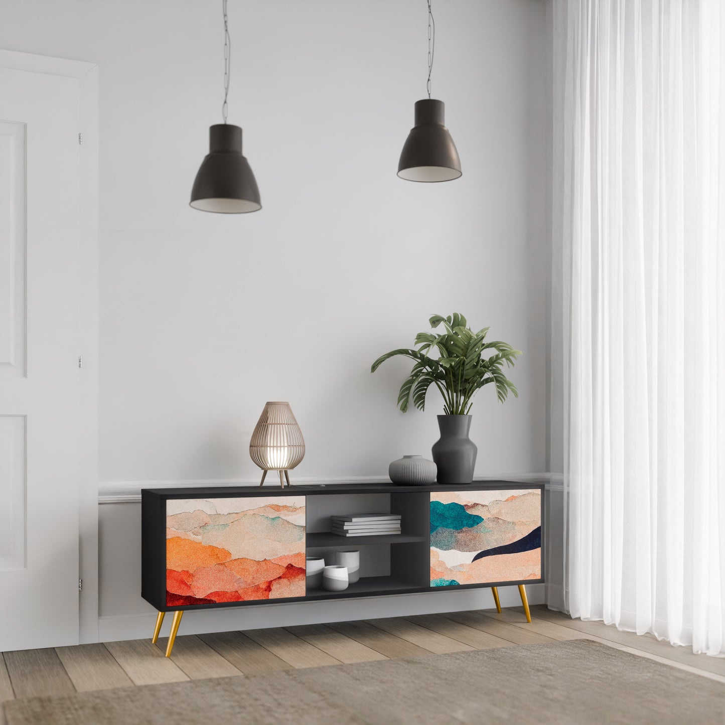 ABSTRACT LANDSCAPE 2-Door TV Stand in Black Finish