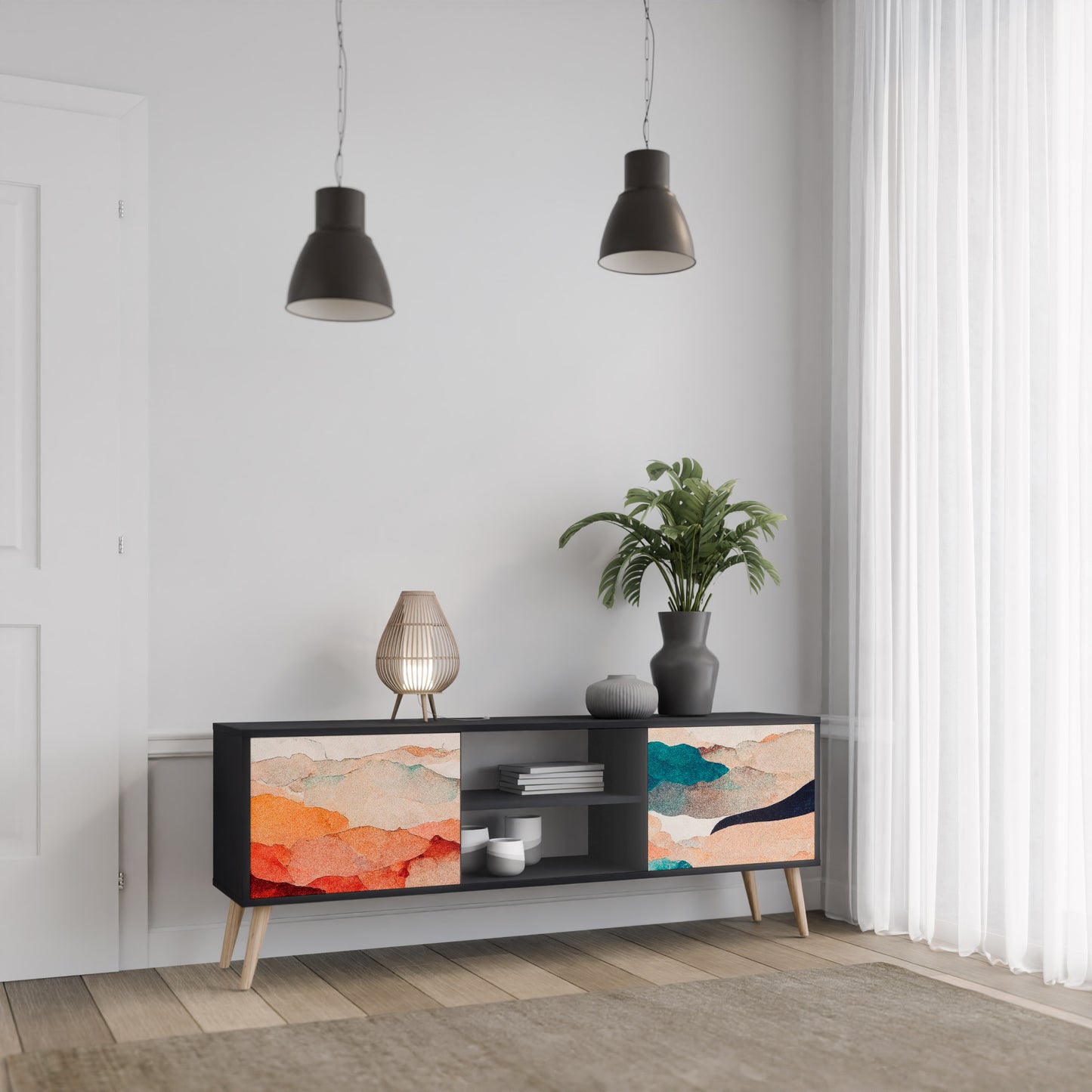ABSTRACT LANDSCAPE 2-Door TV Stand in Black Finish