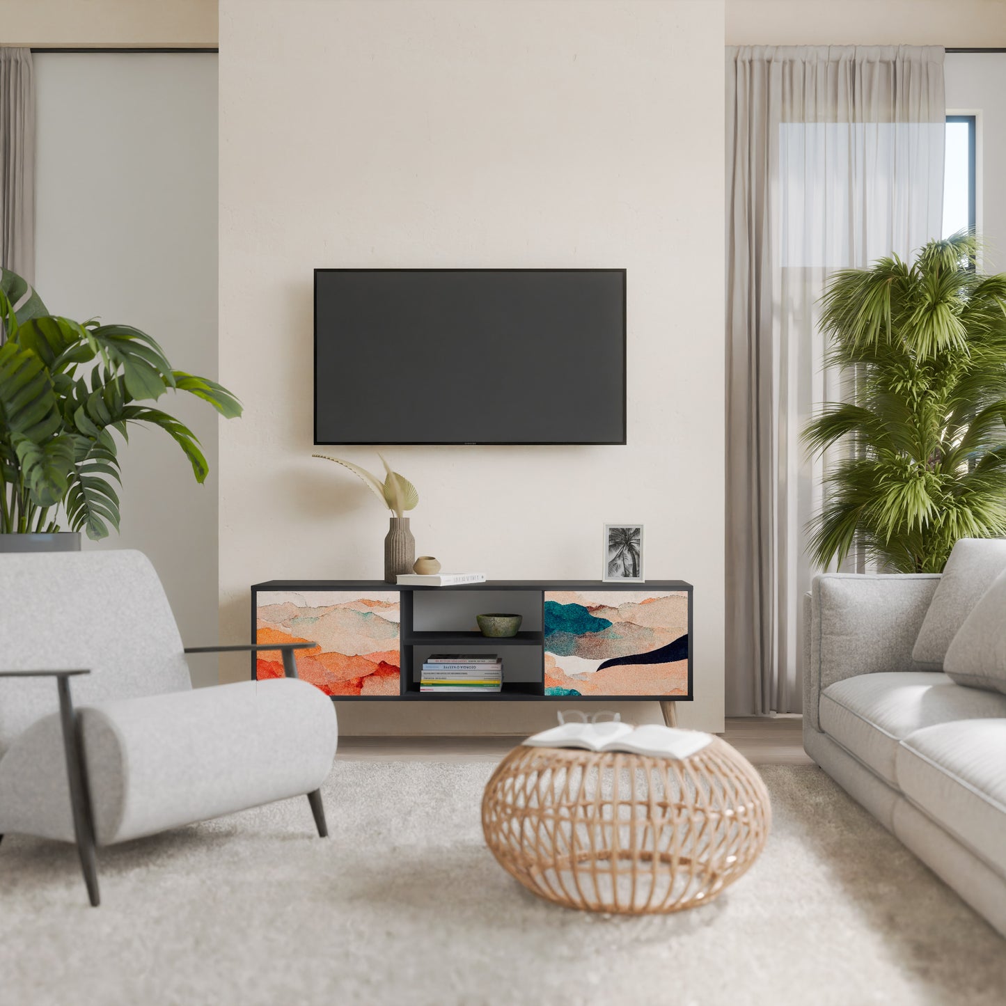 ABSTRACT LANDSCAPE 2-Door TV Stand in Black Finish